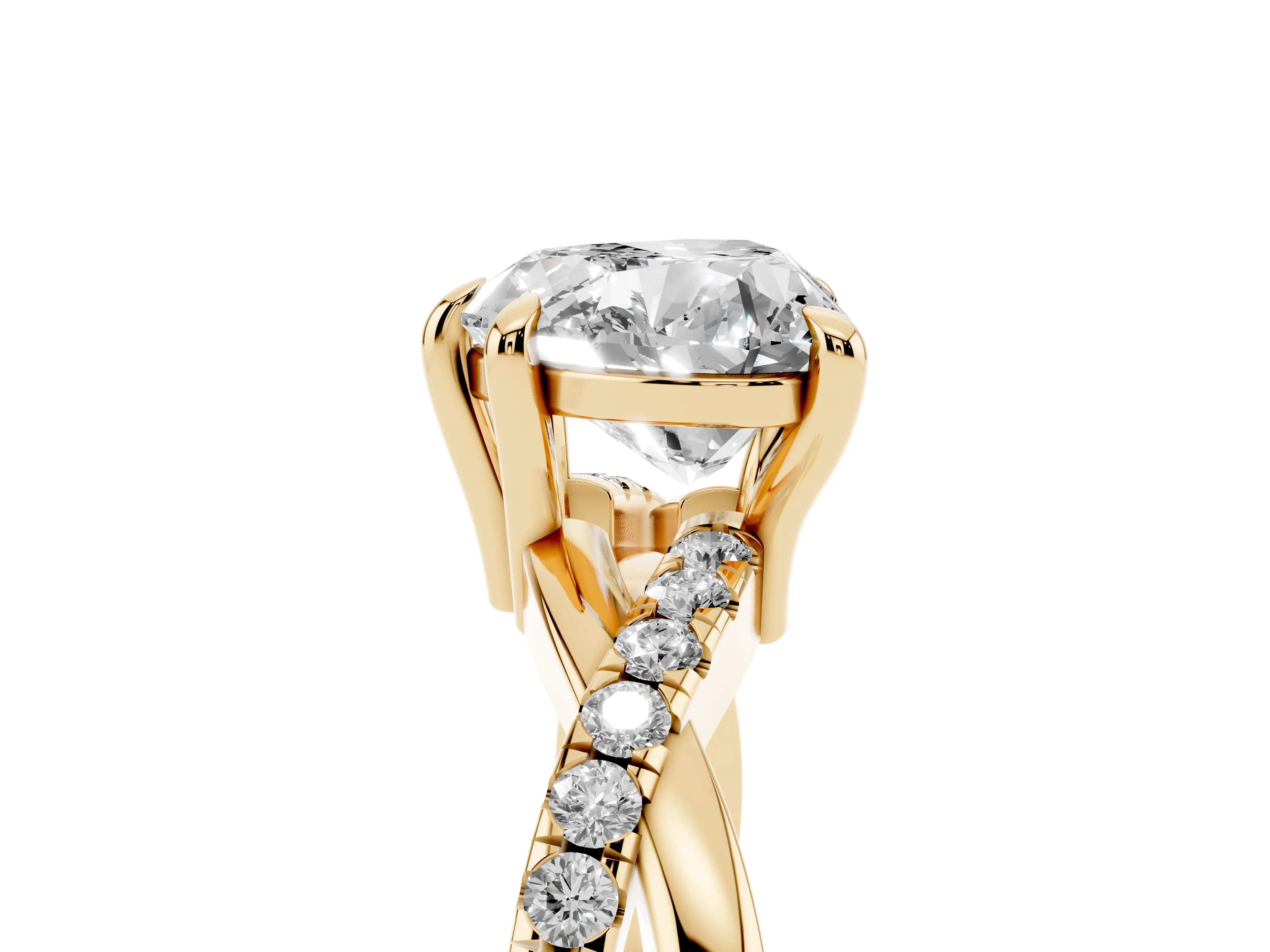 Heart Cut Diamond Twist Band Solitaire Set in Yellow gold with Pavé Accents and Prong Setting