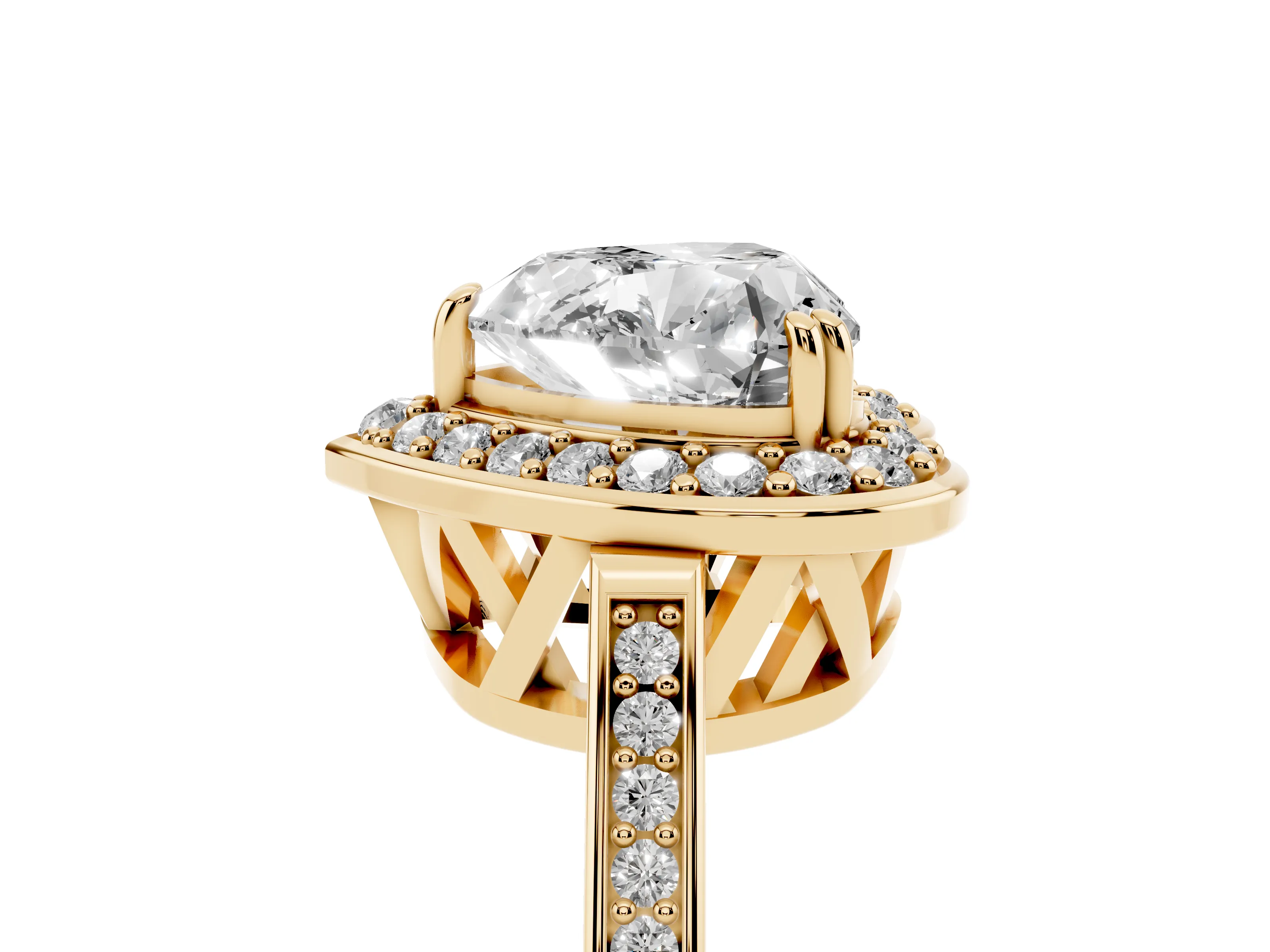 Heart Cut Diamond Halo Ring Set in Yellow gold with Accent-Lined Split Shank and Prong Setting