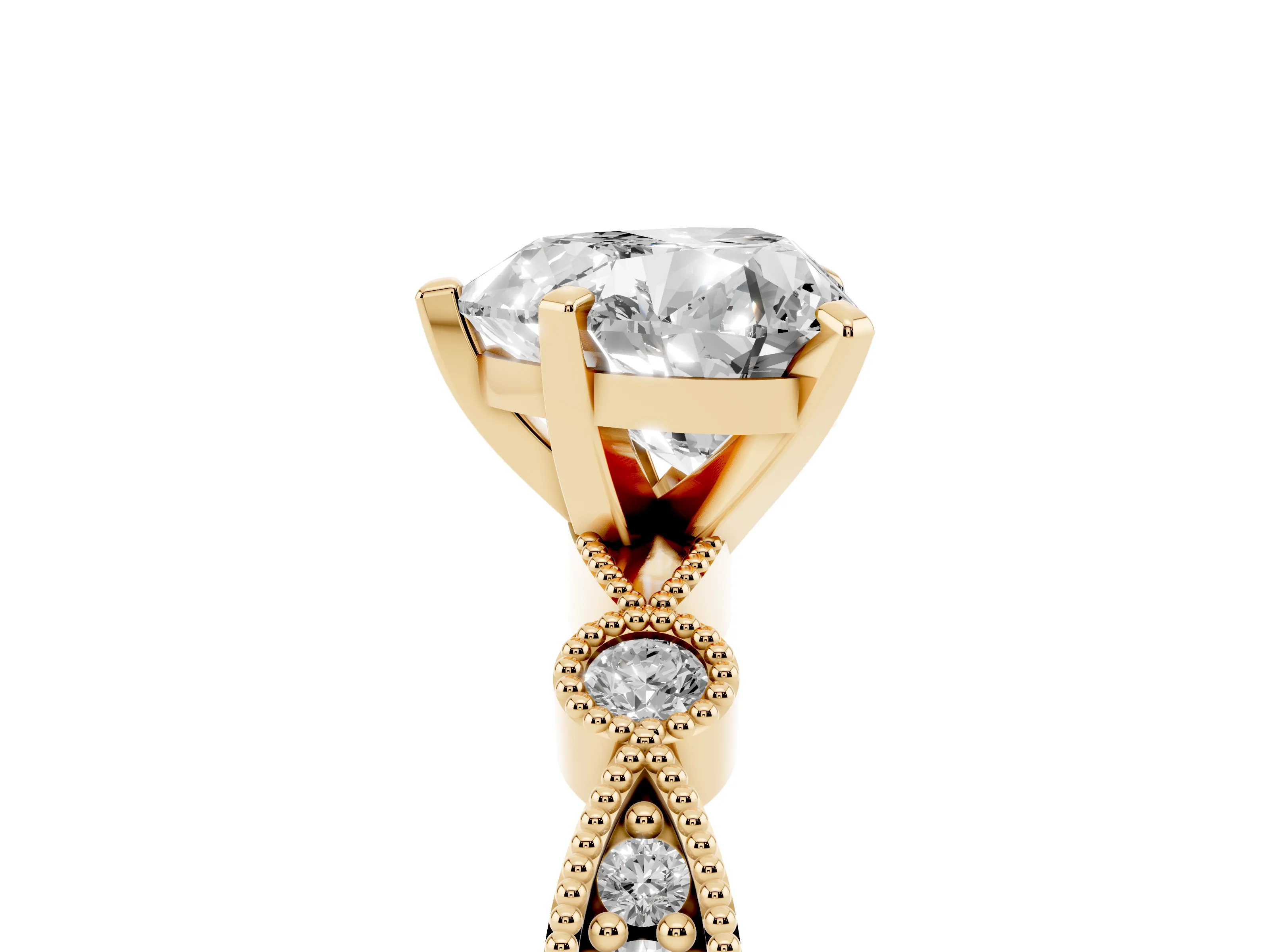 Heart Cut Diamond Solitaire Engagement Ring Set in Yellow gold with Milgrain Bezel Accent Band