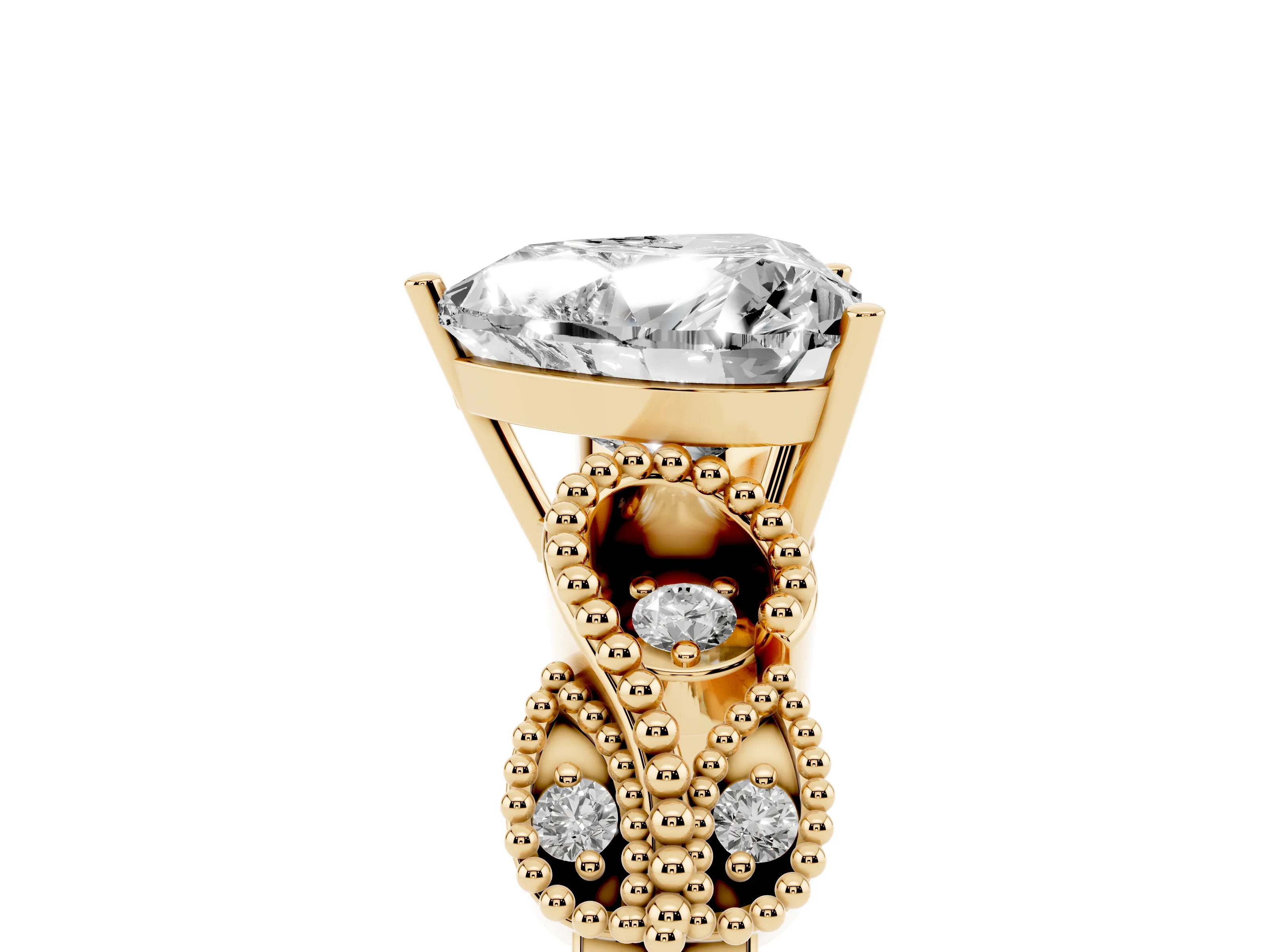 Heart Cut Diamond Milgrain Leaf Band Solitaire Ring Set in Yellow gold with Accent Stones and Prong Setting