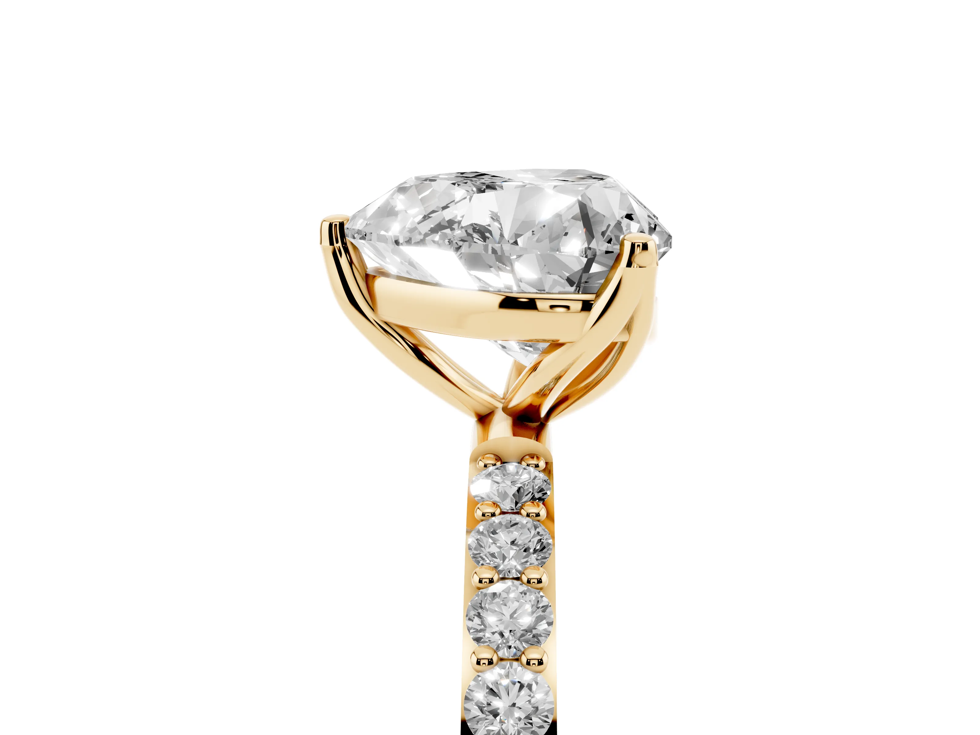 Heart Cut Diamond Solitaire Engagement Ring Set in Yellow gold with Round Pavé Band and Prong Setting
