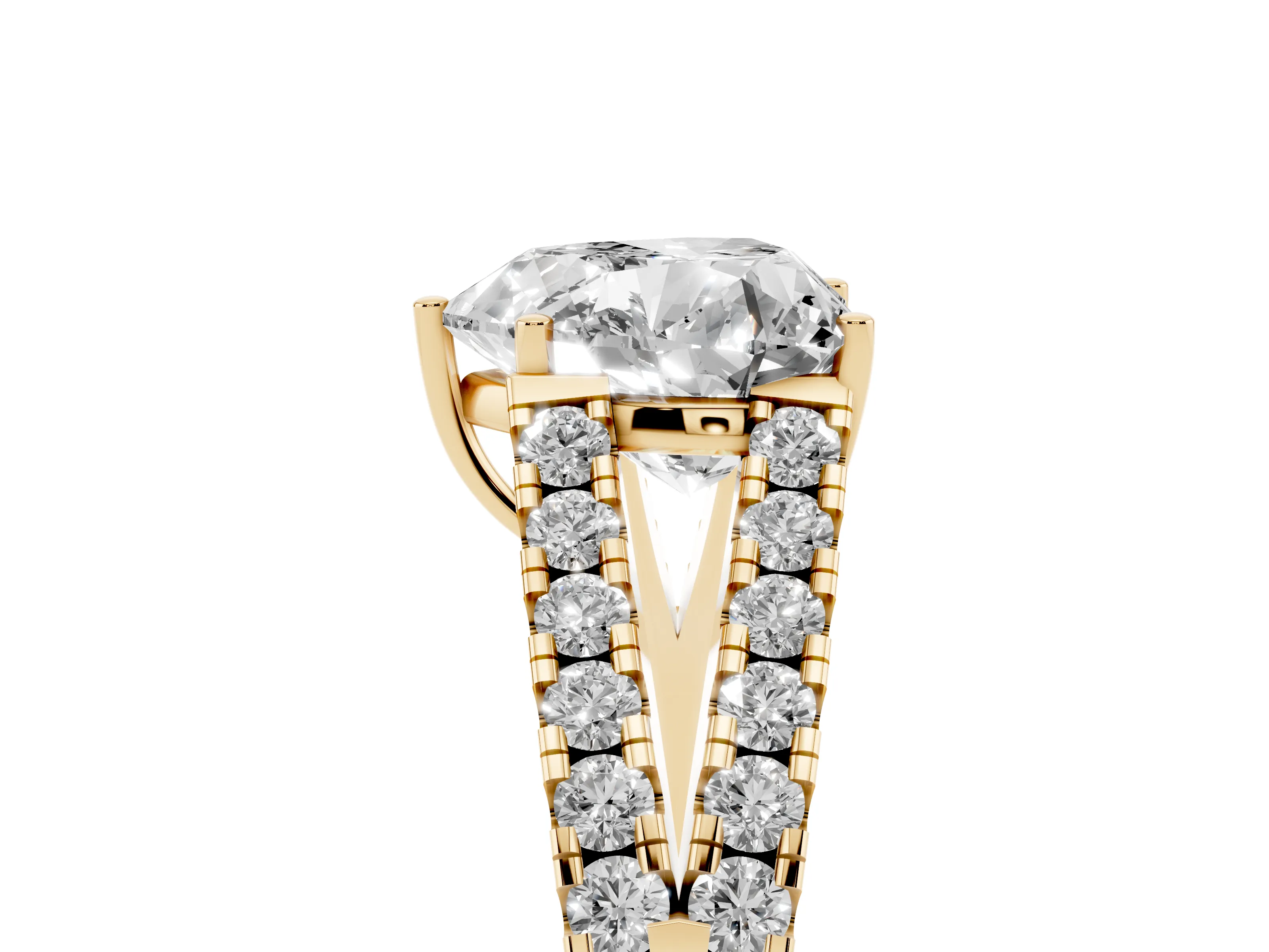 Heart Cut Diamond Split Shank Pavé Engagement Ring Set in Yellow gold with Prong-Held Center Stone