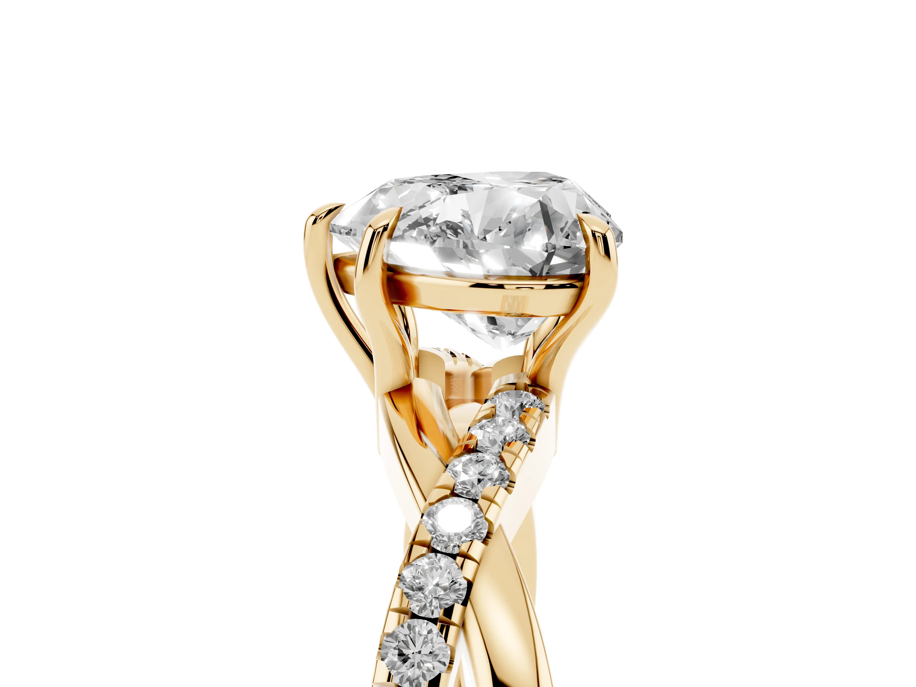 Heart Cut Diamond Twisted Pavé Band Ring Set in Yellow gold with Prong Setting