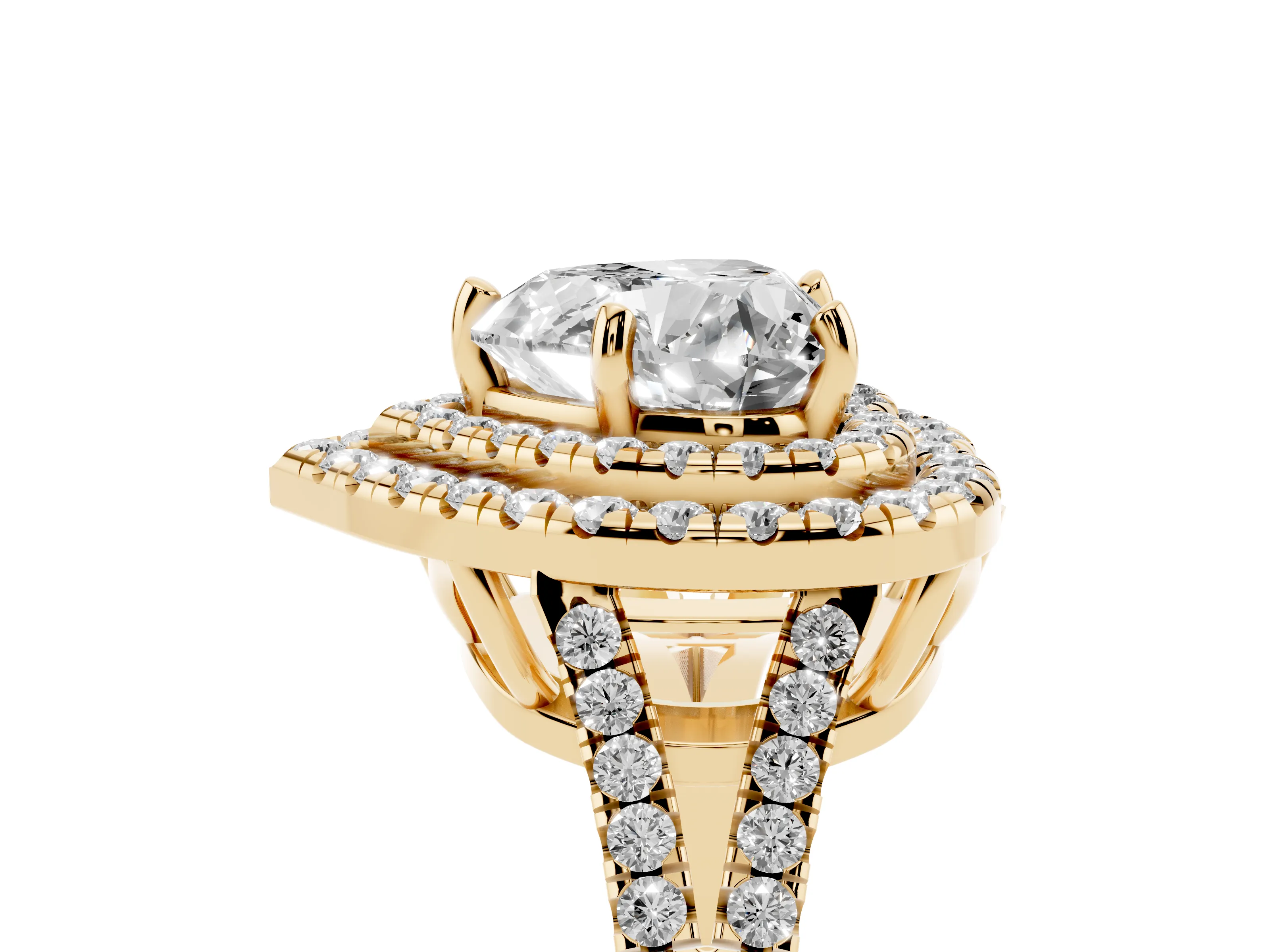 Heart Cut Diamond Double Halo Ring Set in Yellow gold with Pavé Band