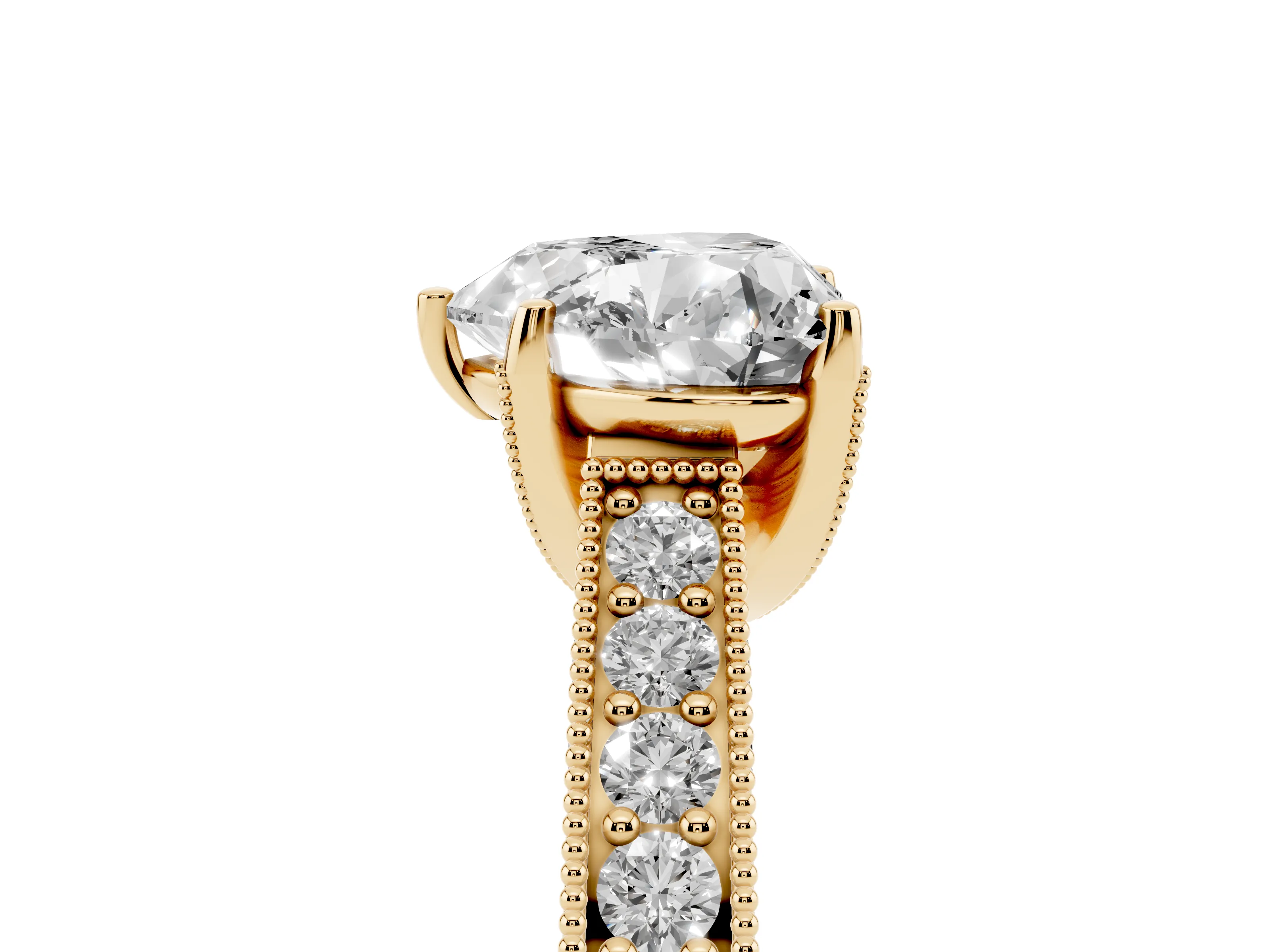 Heart Cut Diamond Solitaire Ring Set in Yellow gold with Milgrain-Edged Pavé Band and Prong Setting