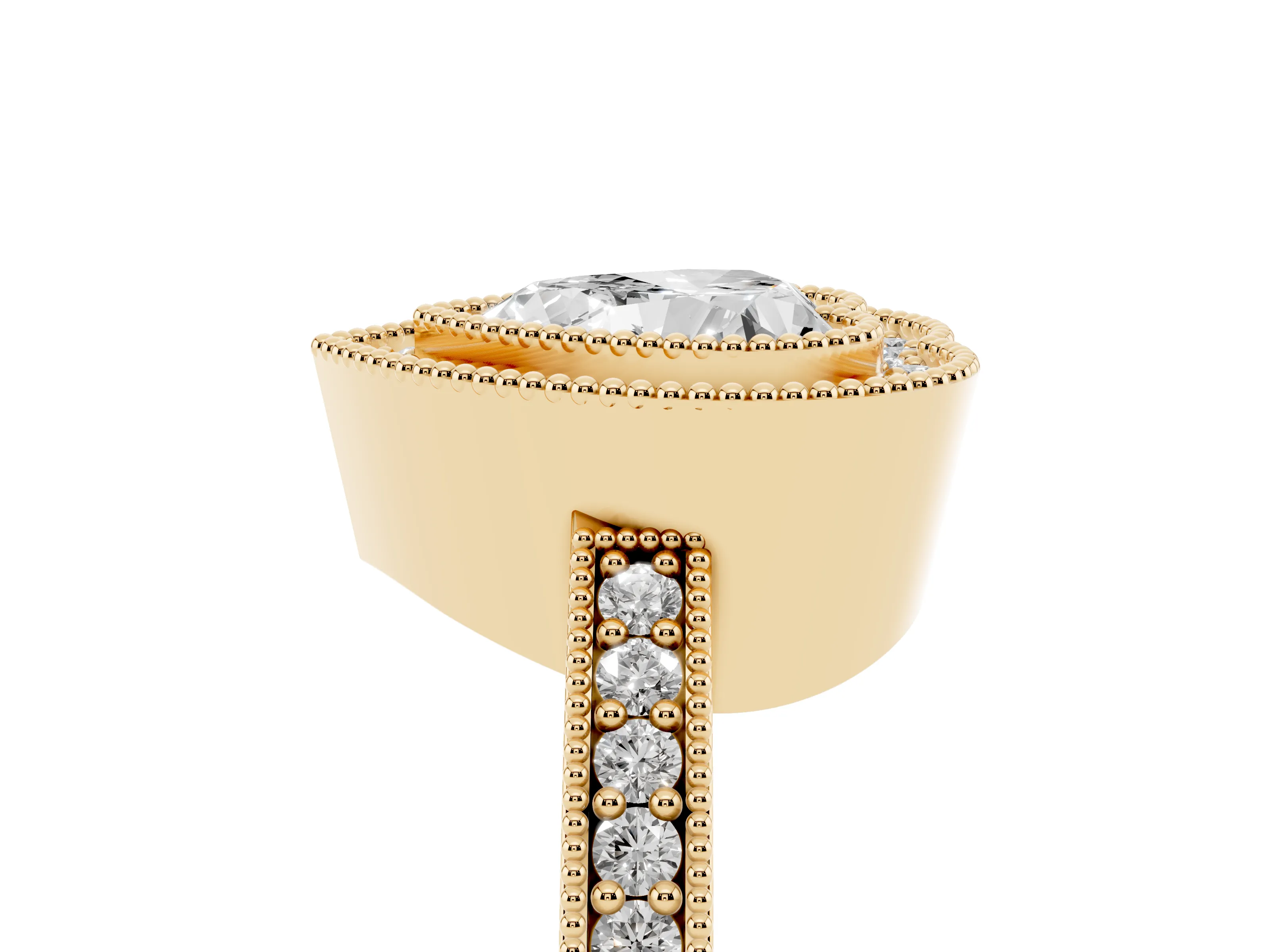 Heart Cut Diamond Halo Engagement Ring Set in Yellow gold with Pavé Band and Round Halo Stones