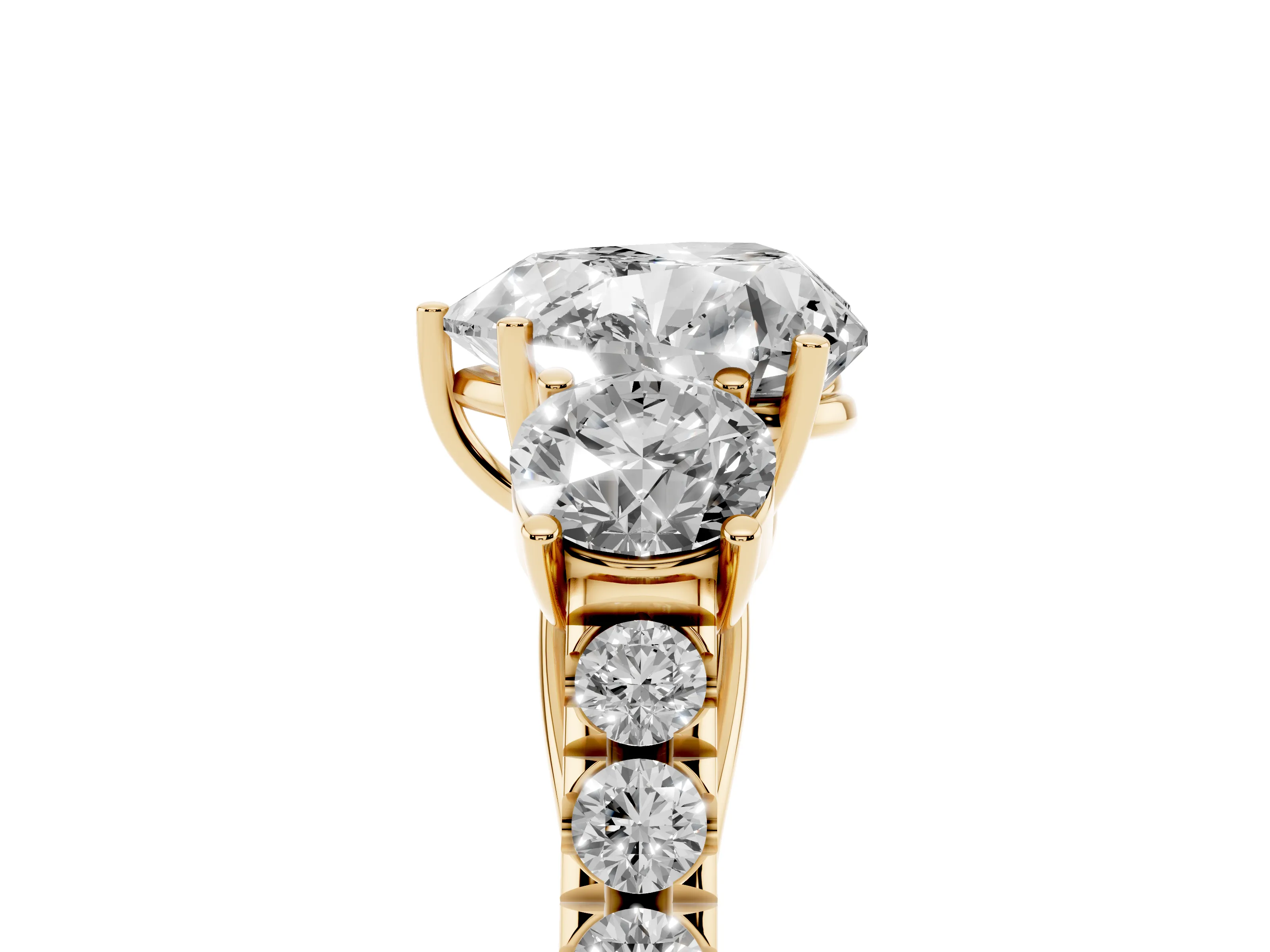 Heart Cut Diamond Three-Stone Ring Set in Yellow gold with Round Side Stones and Delicate Pavé Band