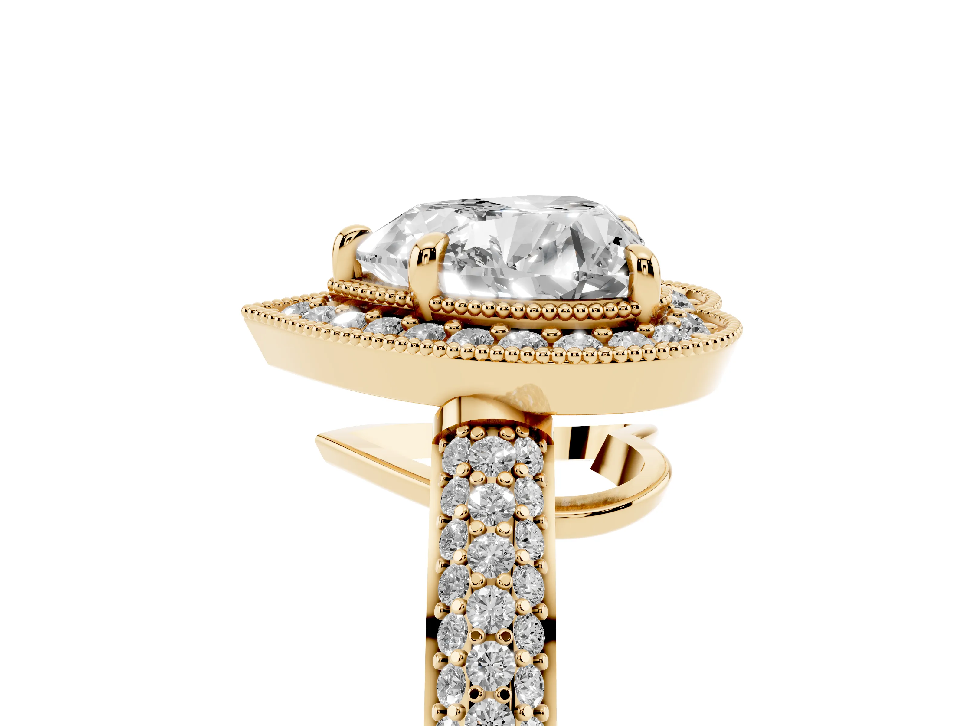 Heart Cut Diamond Halo Pavé Band Set in Yellow gold with Prong Setting