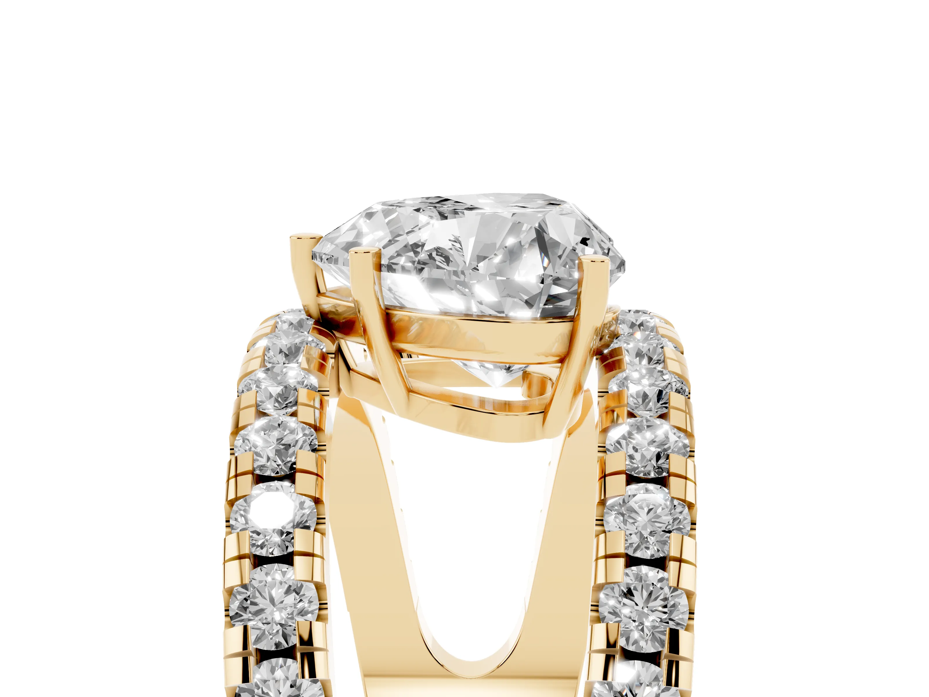 Heart Cut Diamond Split Shank Pavé Solitaire Ring Set in Yellow gold with Open Shank Design