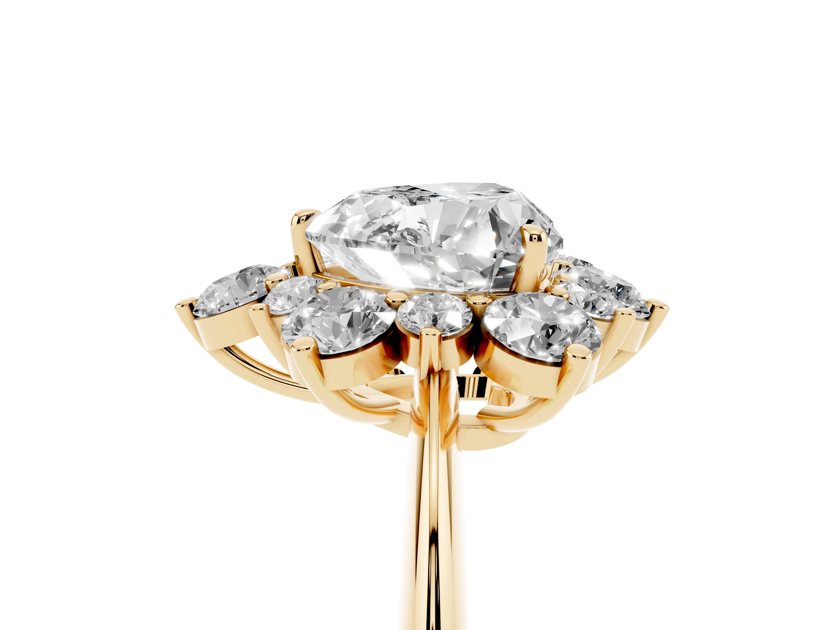 Heart Cut Diamond Cluster Halo Ring Set in Yellow gold with Solitaire Band and Prong Setting