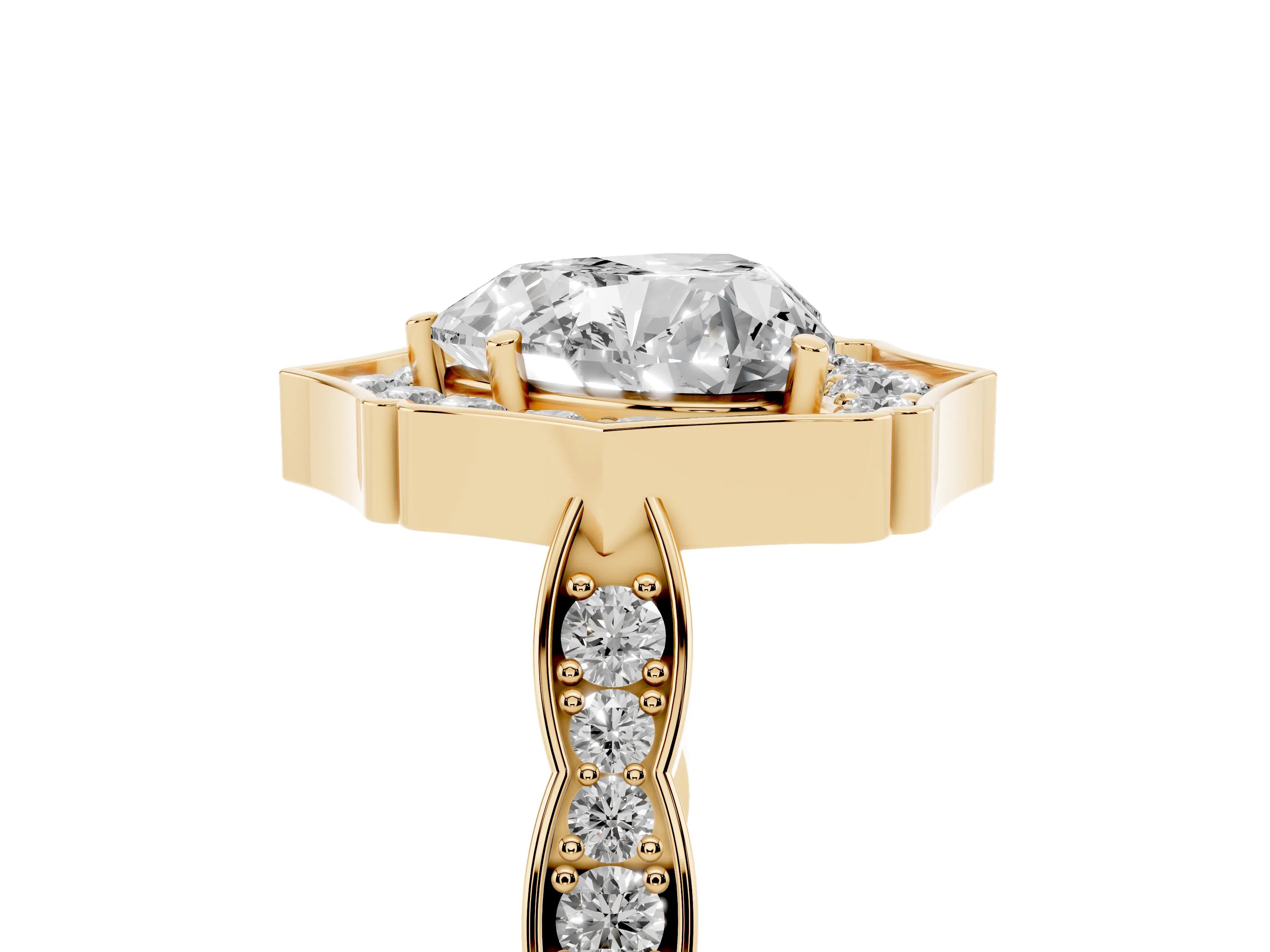 Heart Cut Diamond Halo Engagement Ring Set in Yellow gold with Milgrain Band and Prong Setting