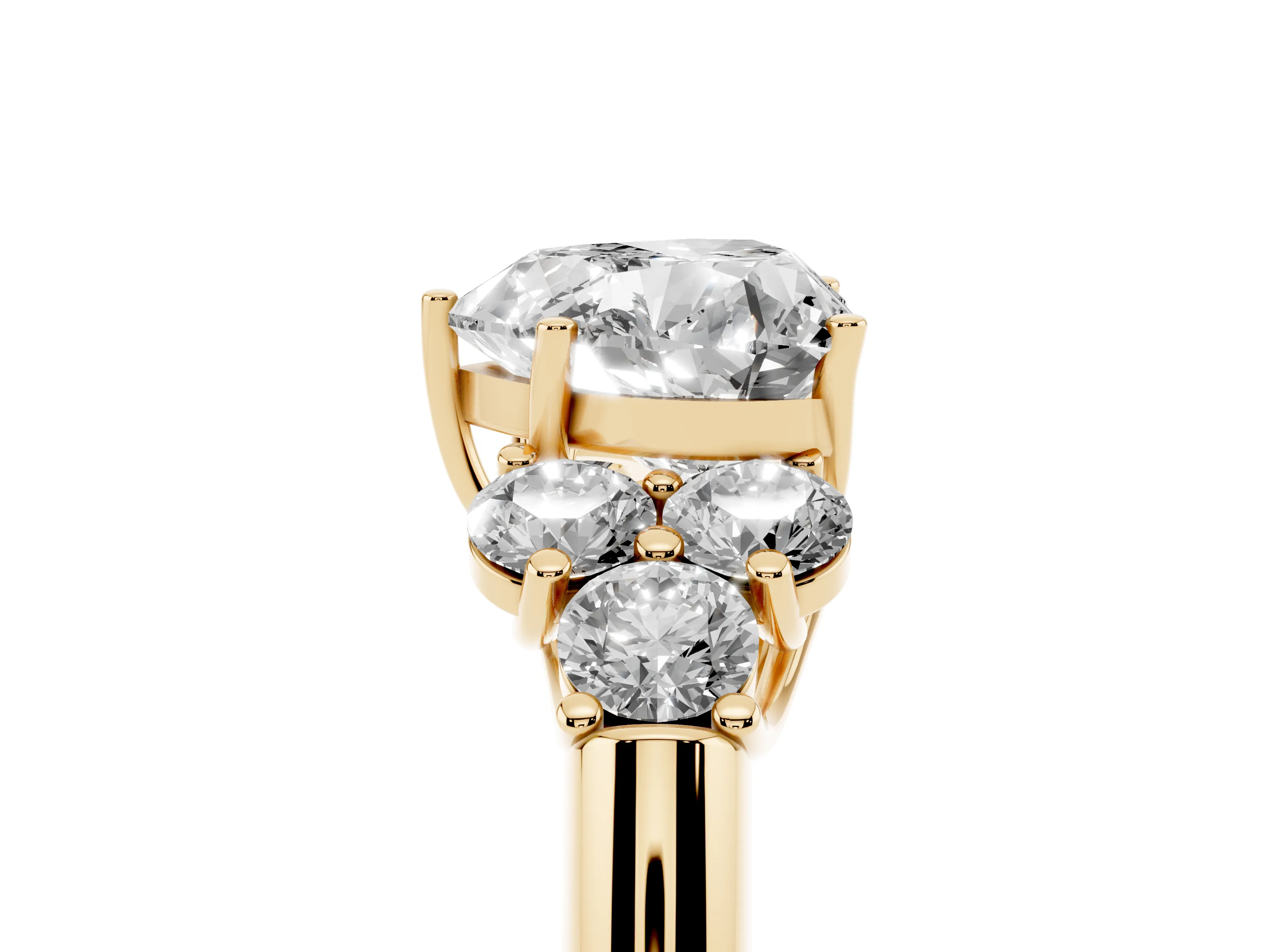 Heart Cut Diamond Cluster Ring Set in Yellow gold with Round Accent Stones and Prong Setting on a Plain Band