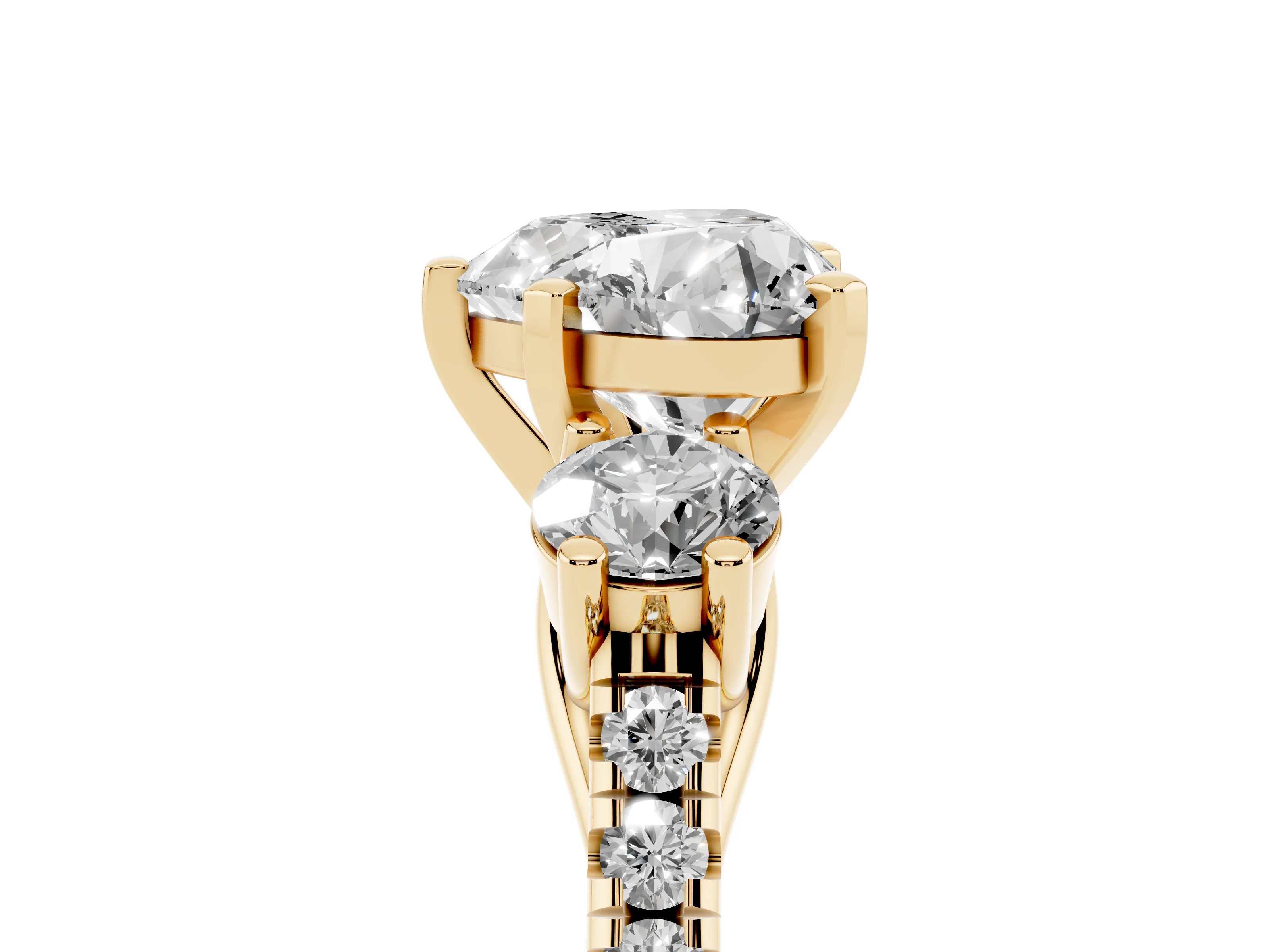 Three-Stone Heart Cut Diamond Pavé Band Ring Set in Yellow gold with Prong-Set Trio