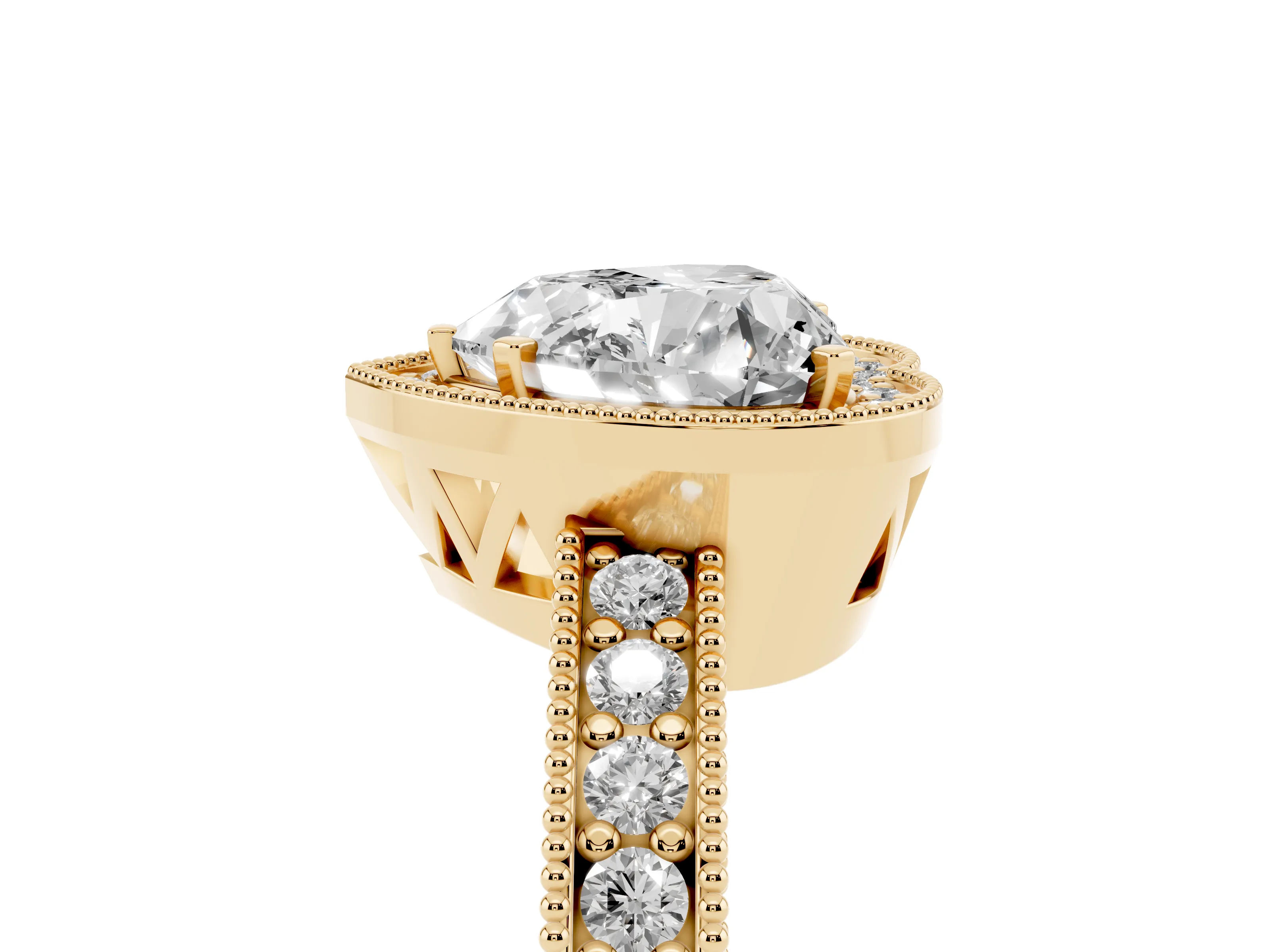 Heart Cut Diamond Halo Pavé Band Ring Set in Yellow gold with Prong-Set Center