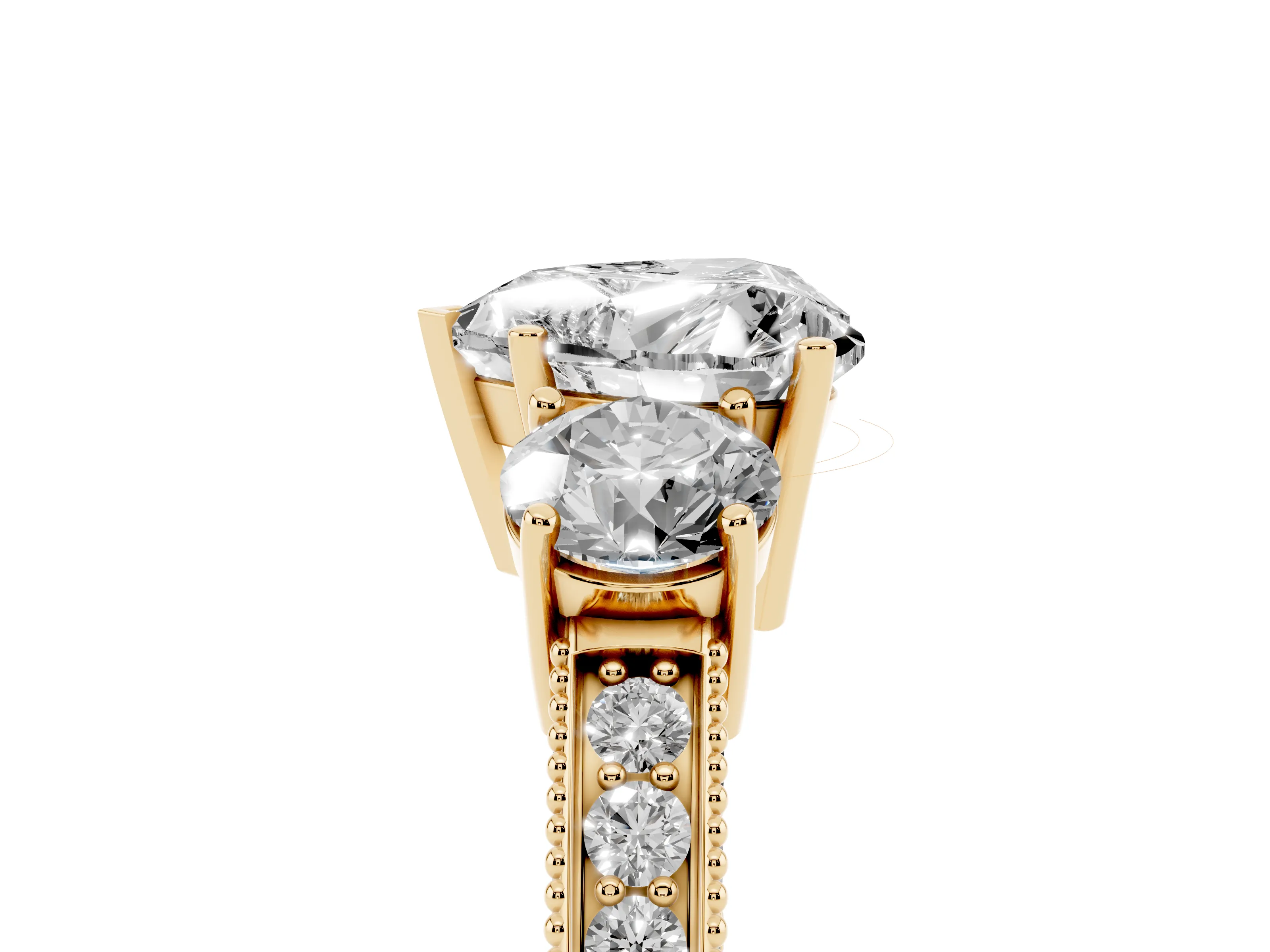 Heart Cut Diamond Three-Stone Ring Set in Yellow gold with Round Side Stones and Pavé Band