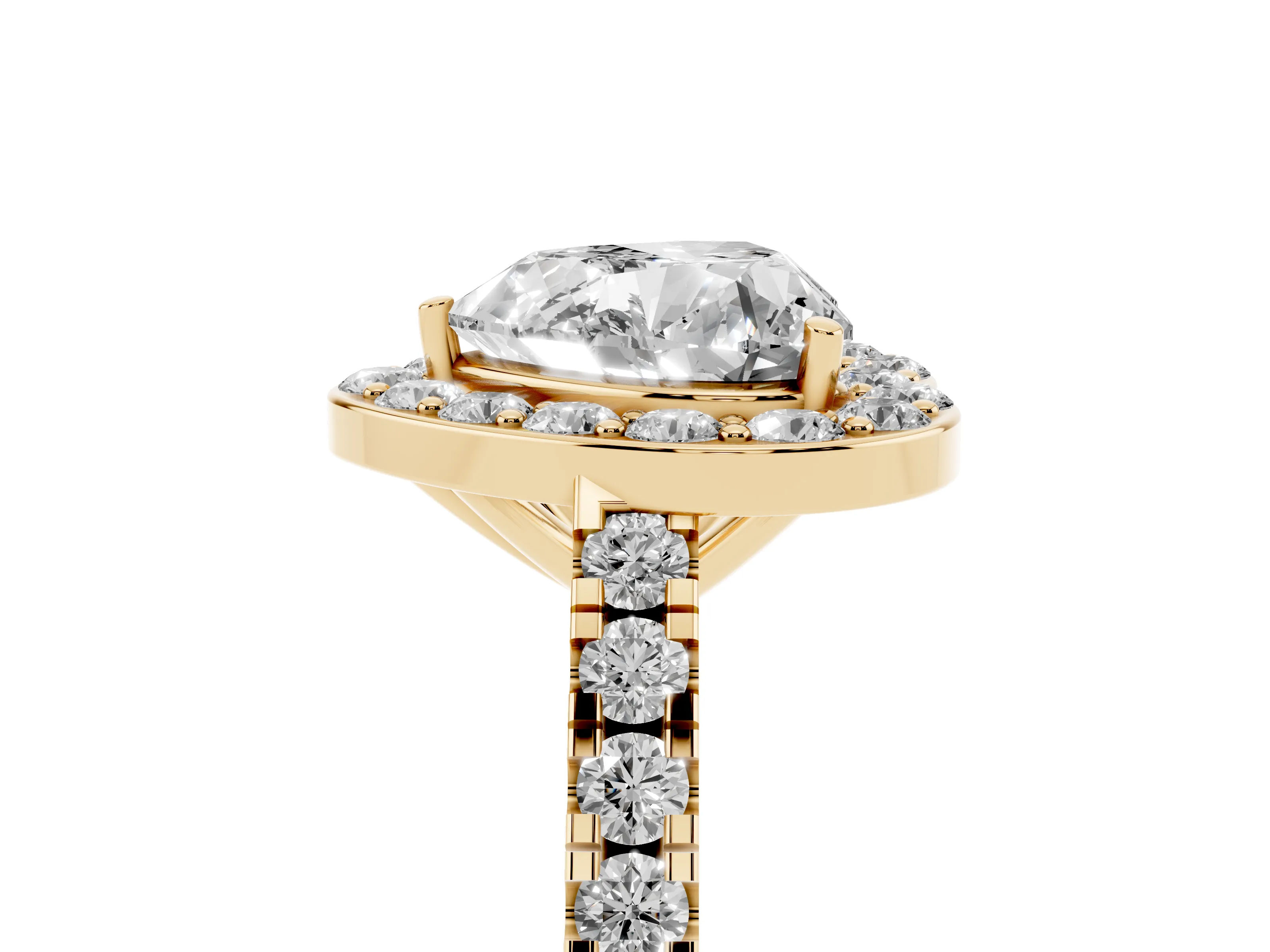 Heart Cut Diamond Halo Ring Set in Yellow gold with Round Pavé Split Shank and Prong Setting