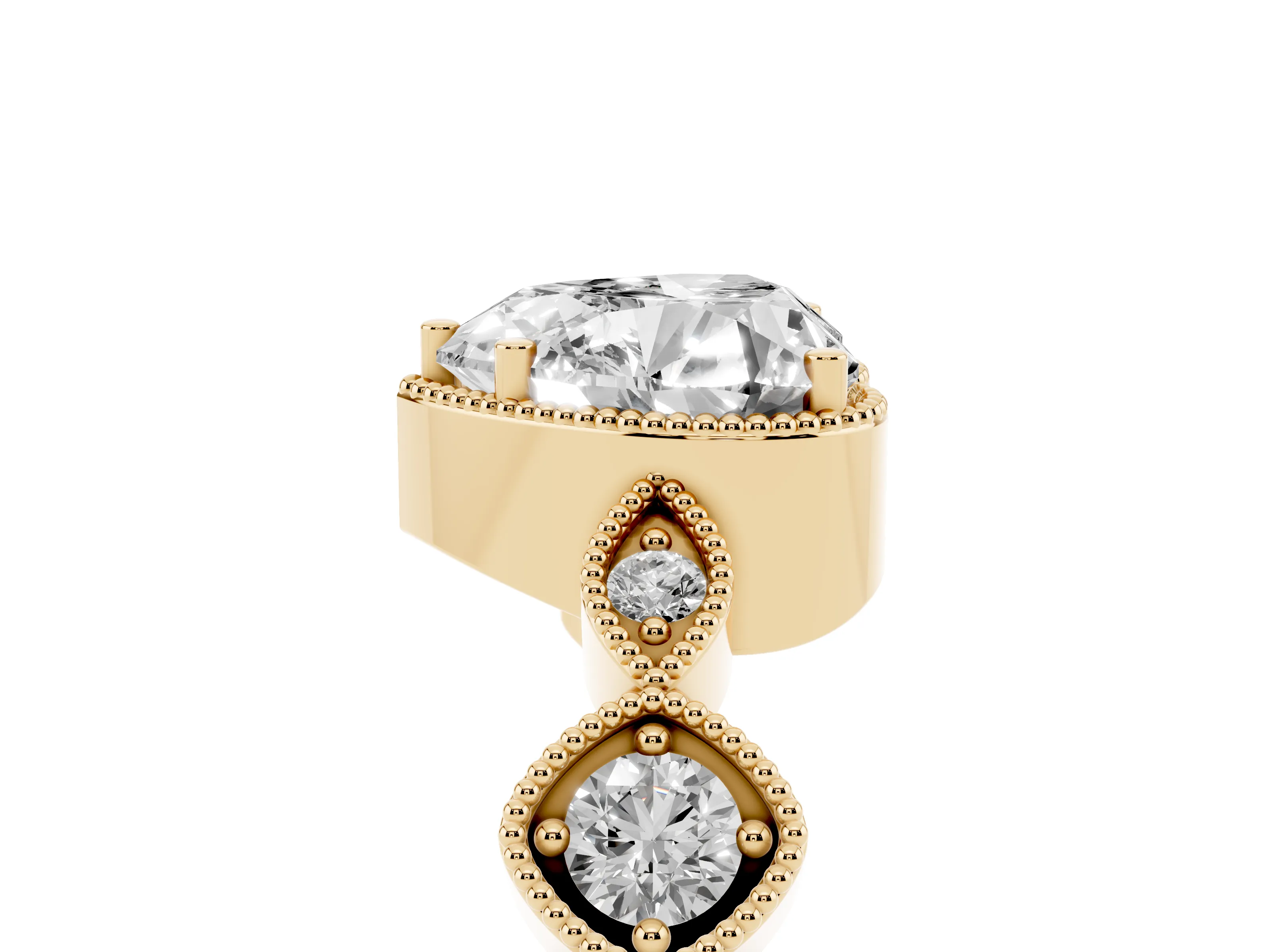 Heart Cut Diamond Vintage-Inspired Milgrain Ring Set in Yellow gold with Marquise Stations of Round Accents