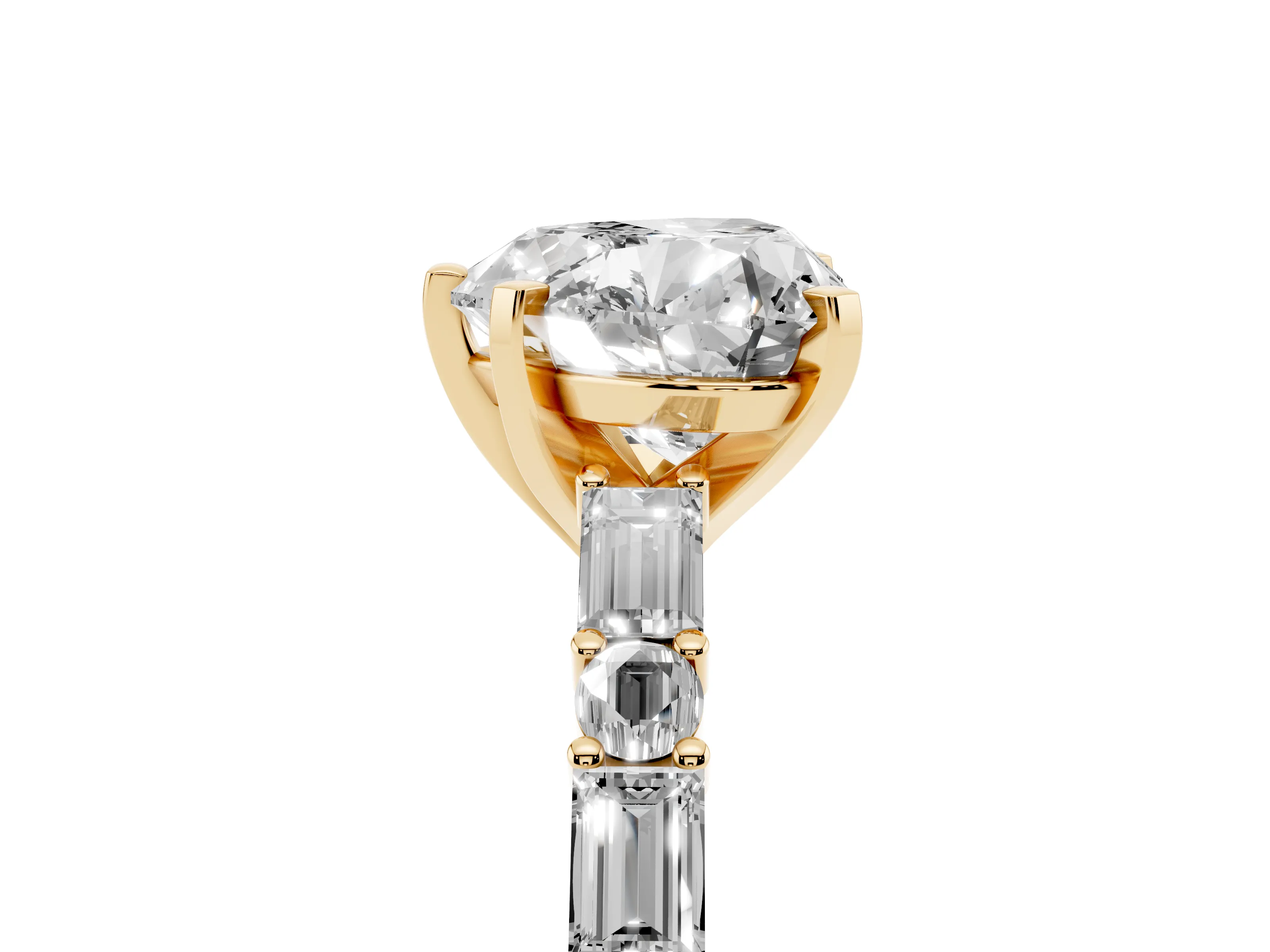 Heart Cut Diamond Solitaire Set in Yellow gold with Side Baguettes and Channel Set Band