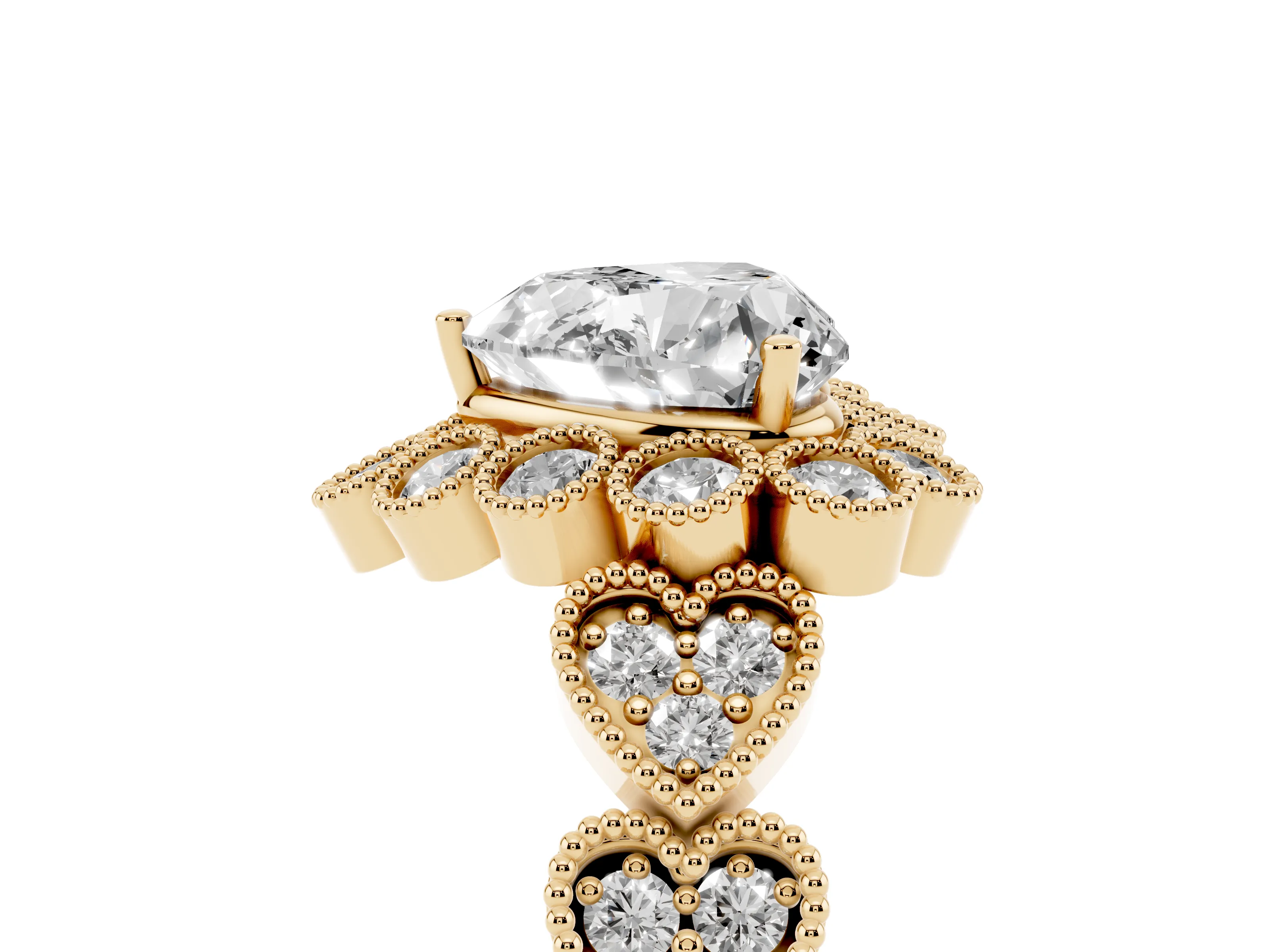 Heart Cut Diamond Solitaire Ring Set in Yellow gold with Milgrain Pavé Heart Band