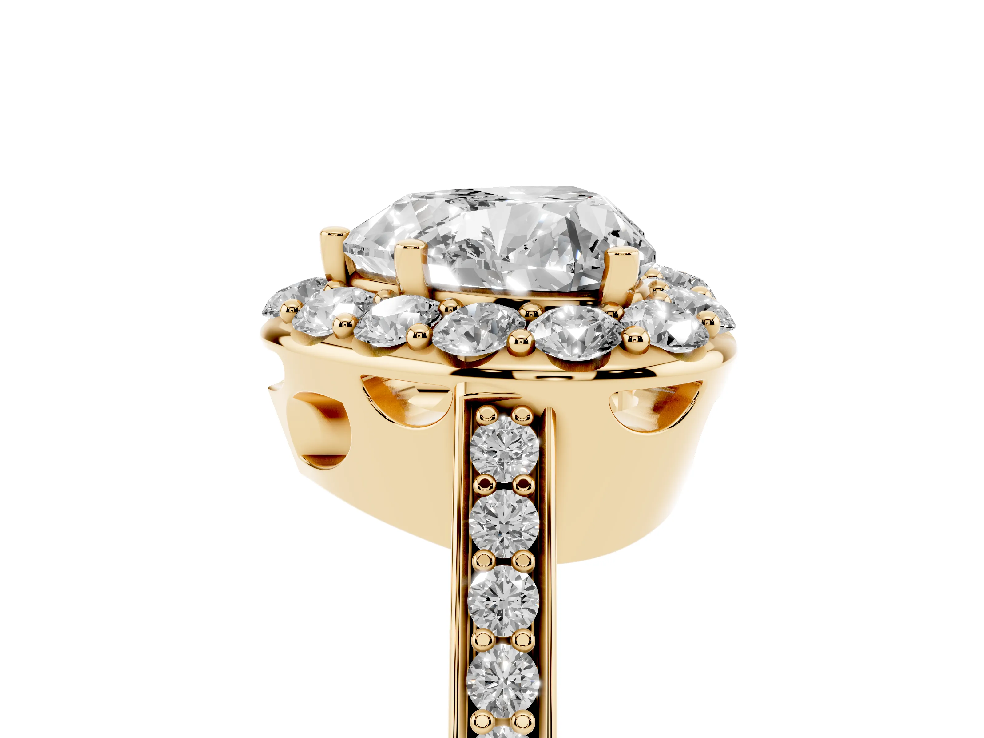 Heart Cut Diamond Floral Halo Ring Set in Yellow gold with Pavé Band and Prong Setting
