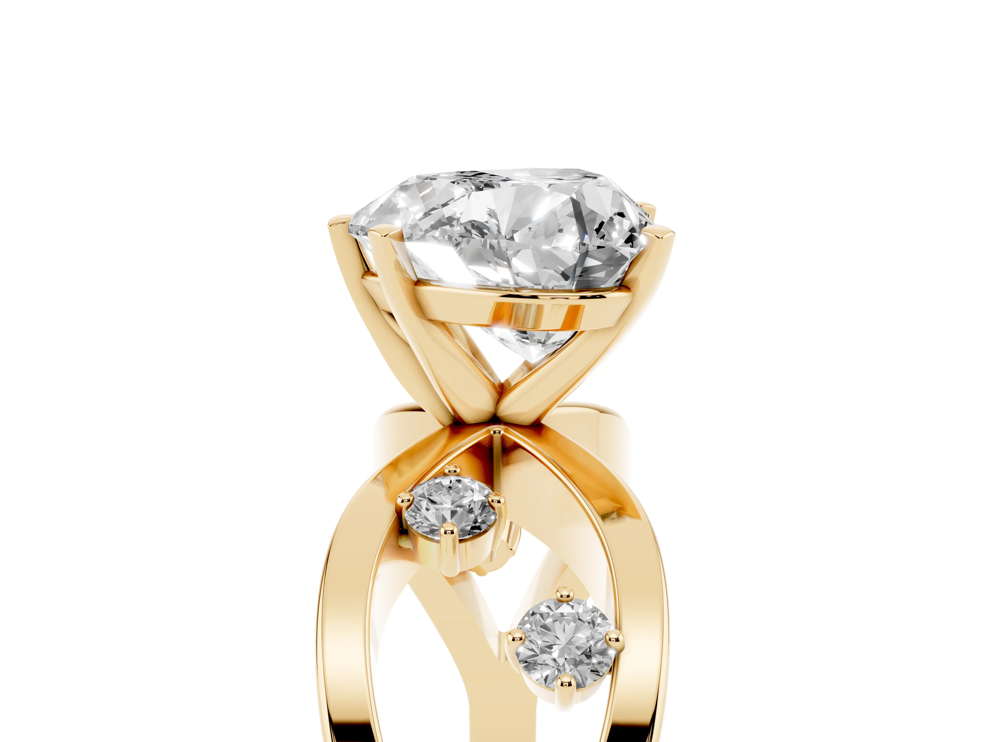 Heart Cut Diamond Solitaire Ring Set in Yellow gold with Side Stones on Criss-Cross Band and Prong Setting