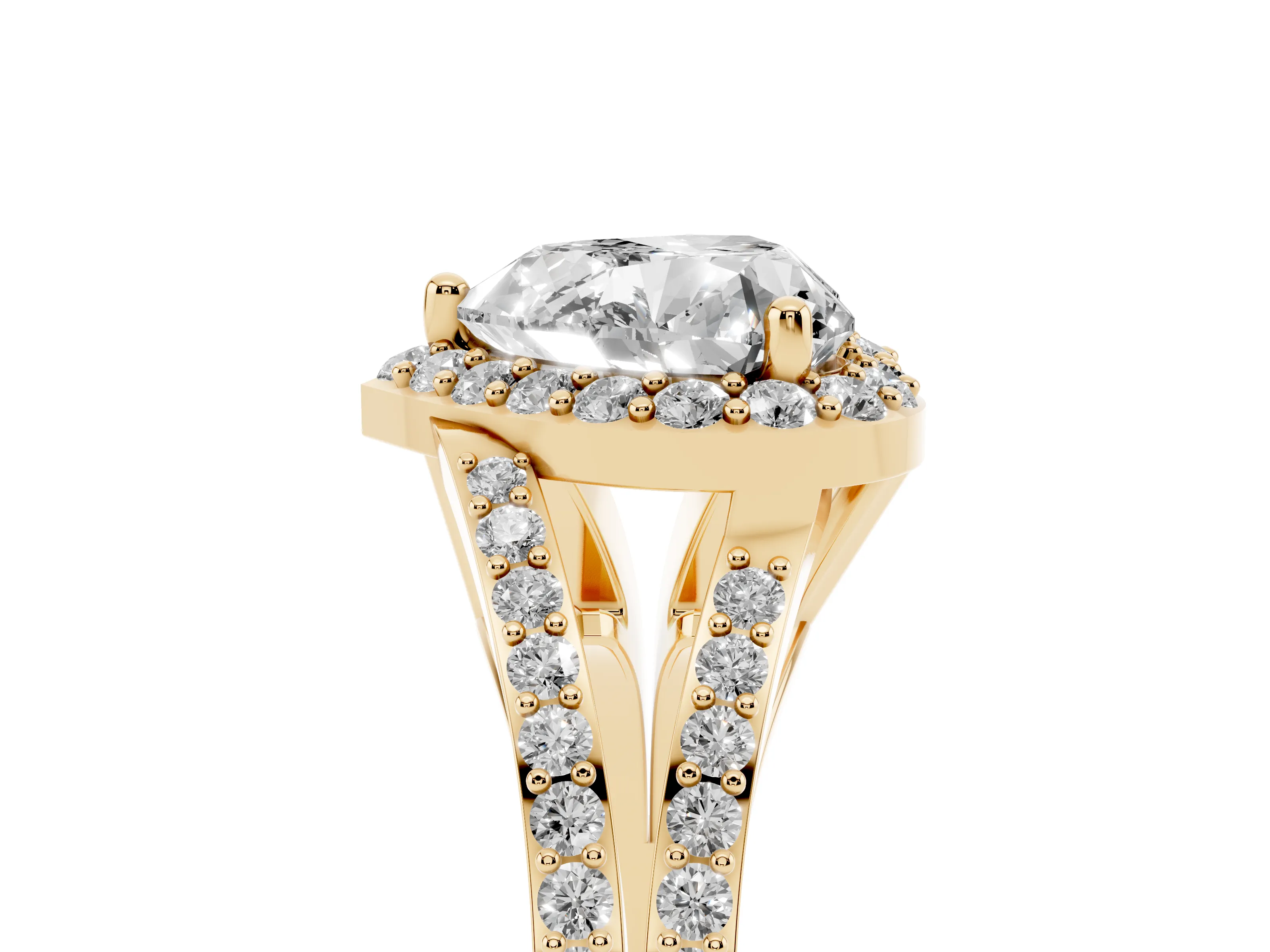 Heart Cut Diamond Halo Split Shank Pavé Ring Set in Yellow gold with Prong Setting