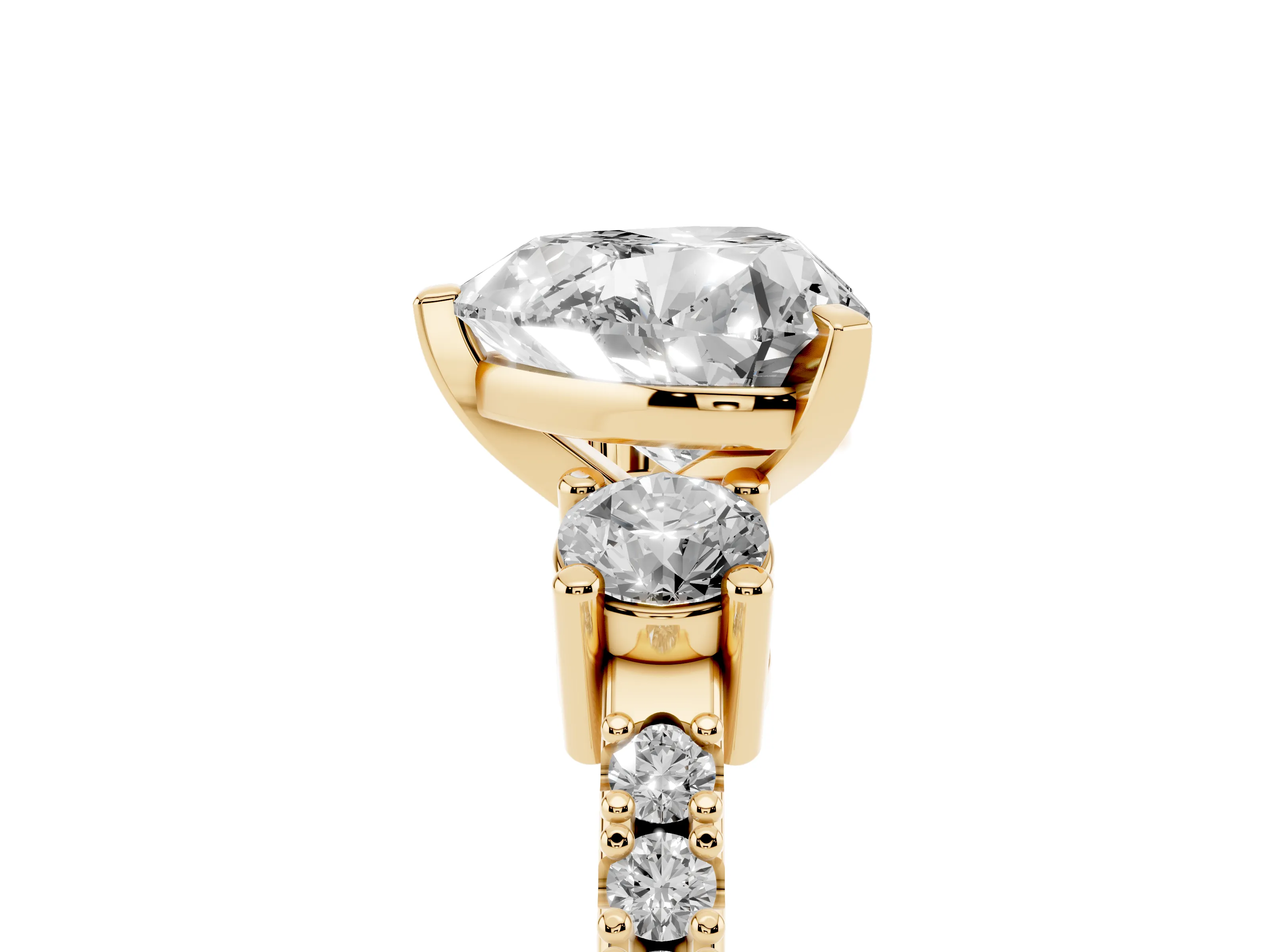 Three-Stone Heart Cut Diamond Pavé Band Ring Set in Yellow gold with Prong Setting