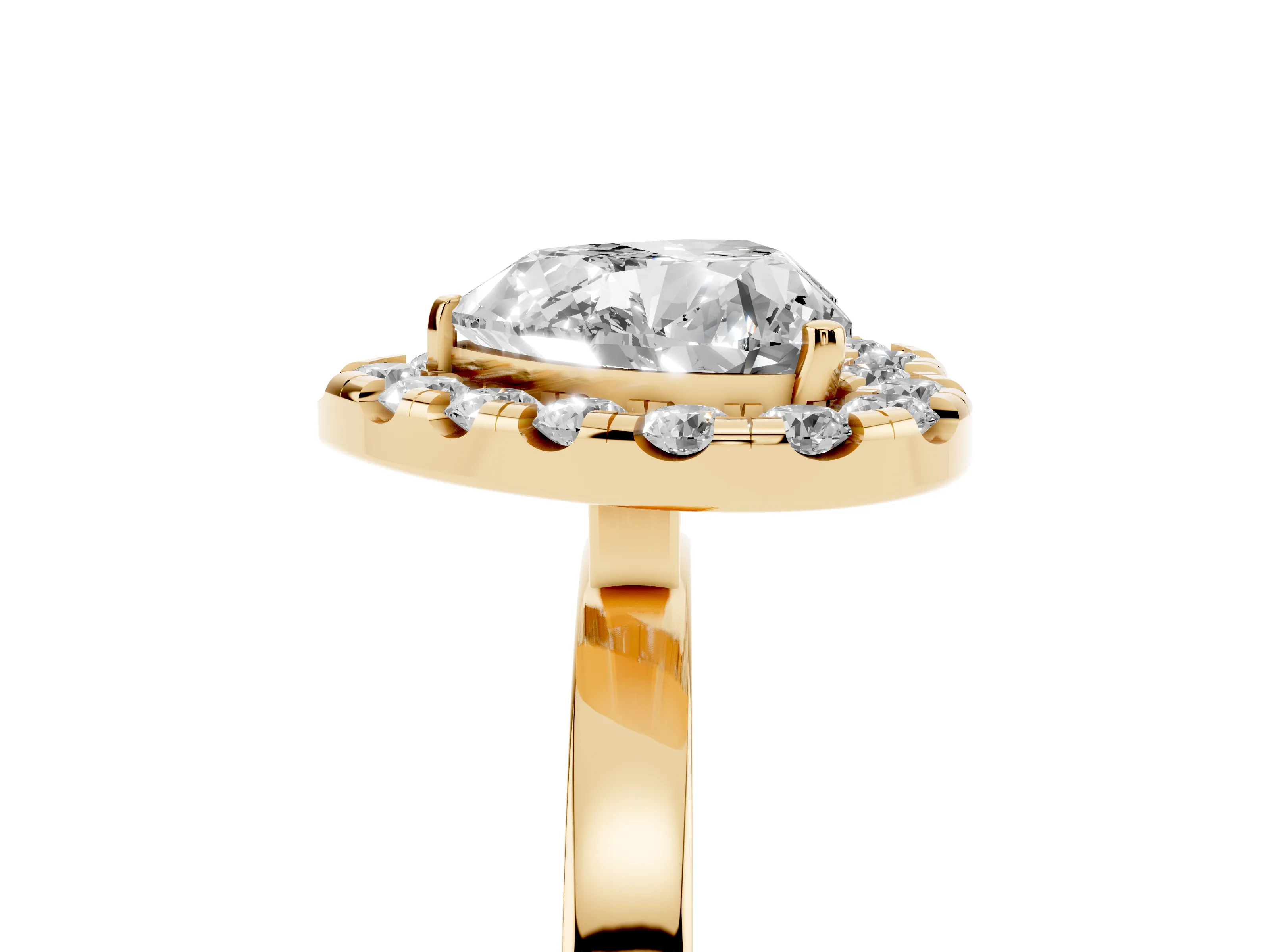 Heart Cut Diamond Halo Solitaire Ring Set in Yellow gold with Pavé Band and Prong Setting