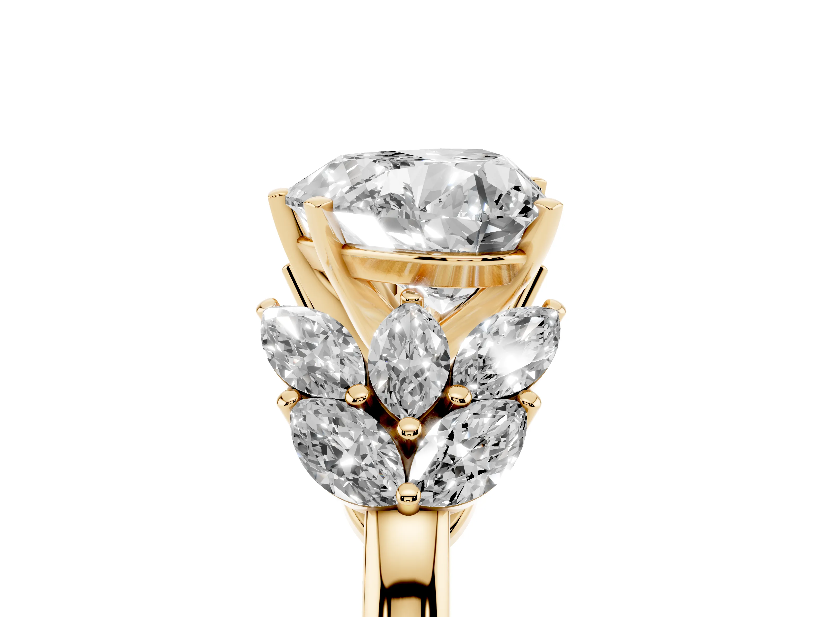 Heart Cut Diamond Cluster Leaf Design Ring Set in Yellow gold with Prong Setting