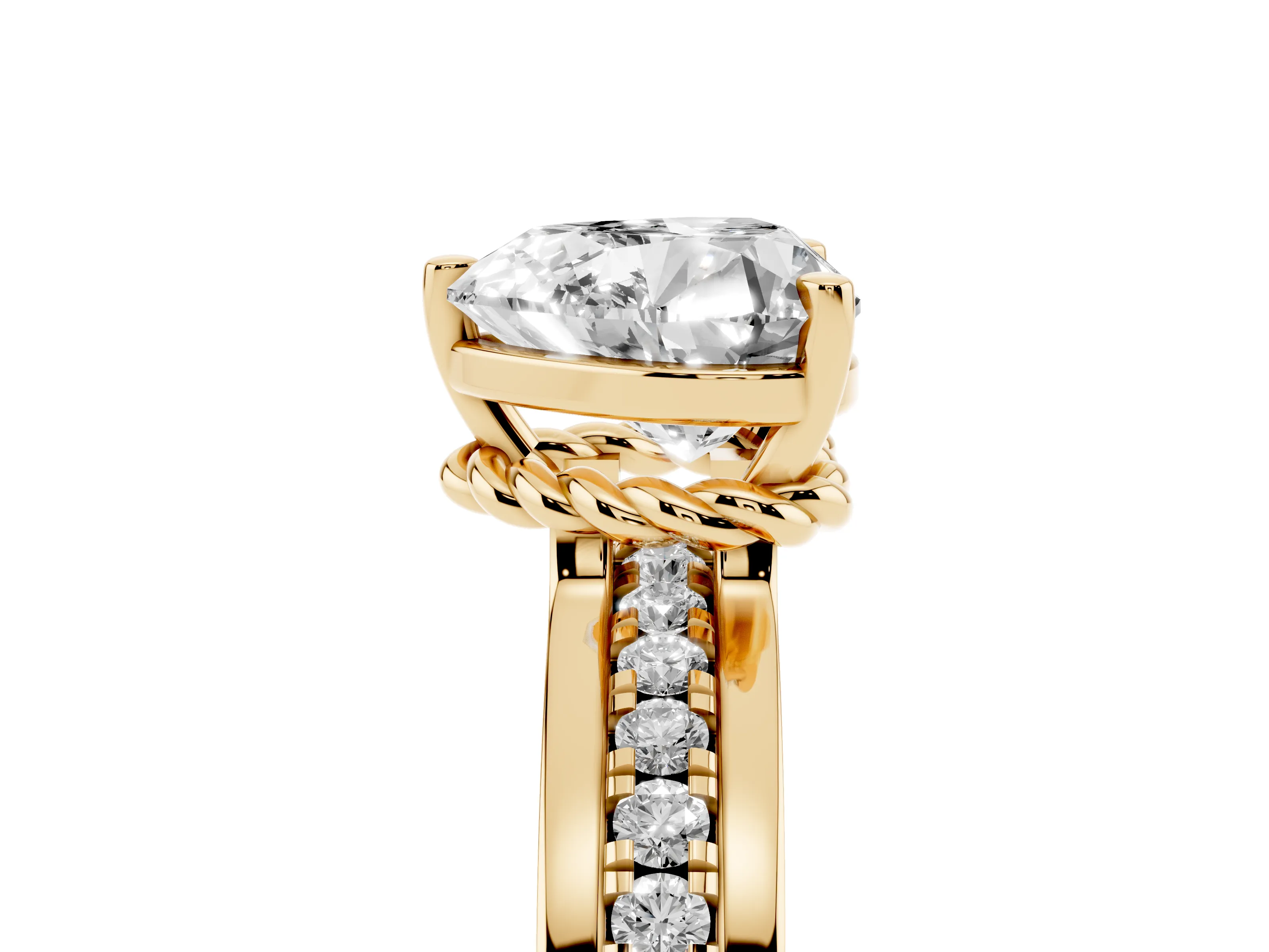Heart Cut Diamond Solitaire Ring Set in Yellow gold with Channel Set Band and Prong Setting