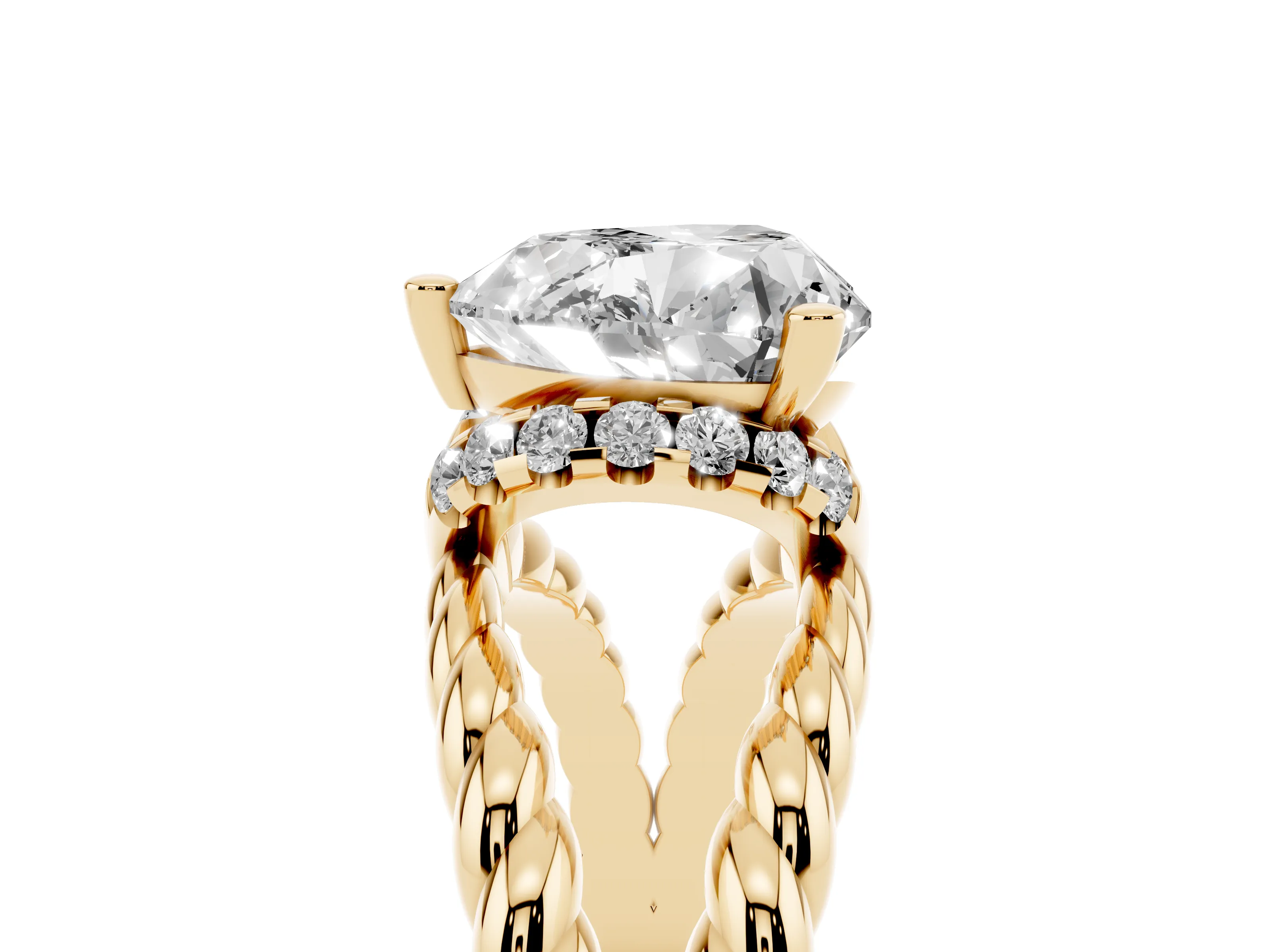Heart Cut Diamond Halo Ring Set in Yellow gold with Twisted Band and Prong Setting