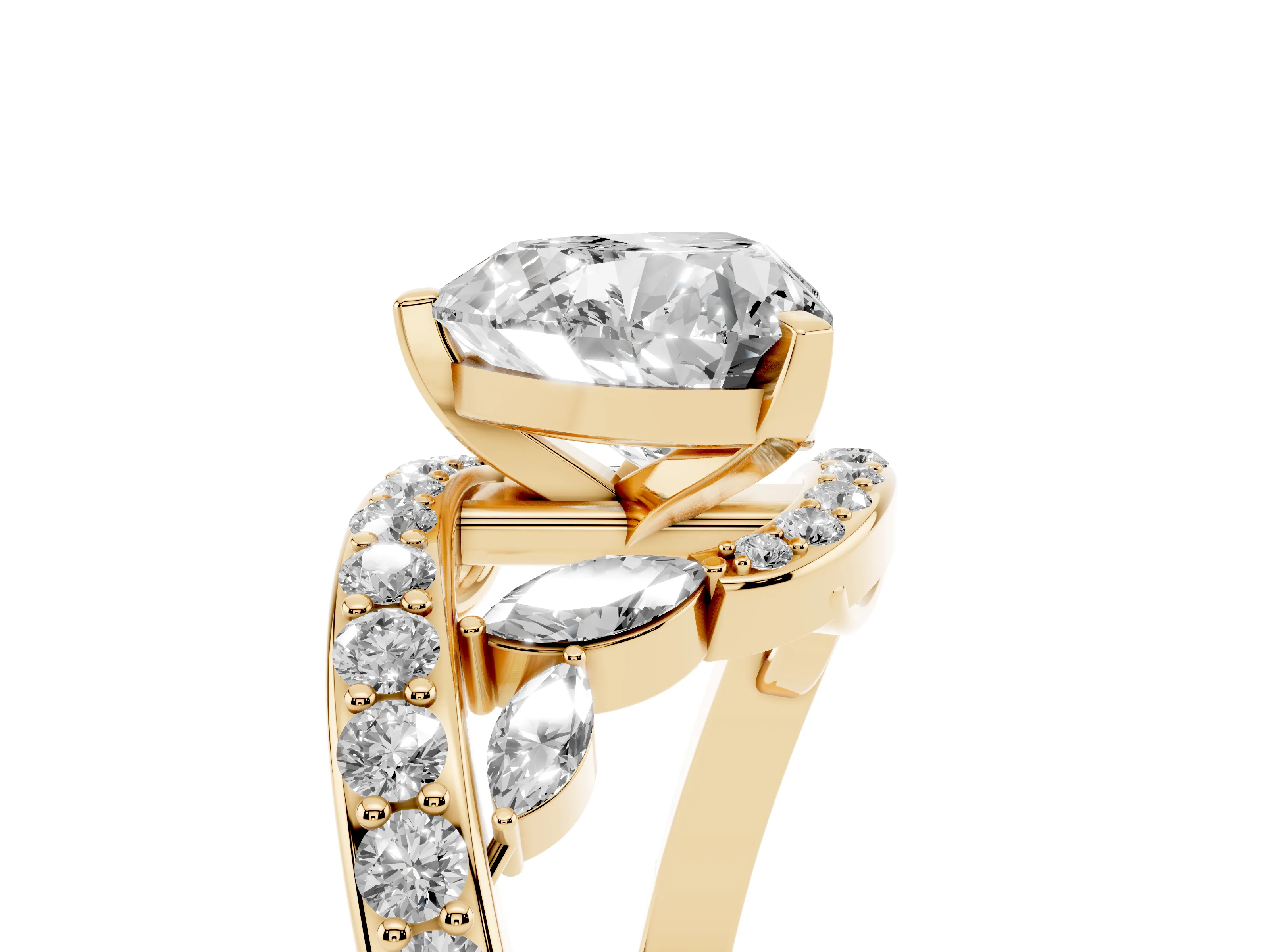 Heart Cut Diamond Solitaire Ring Set in Yellow gold with Pavé Twist Band and Secure Prong Setting