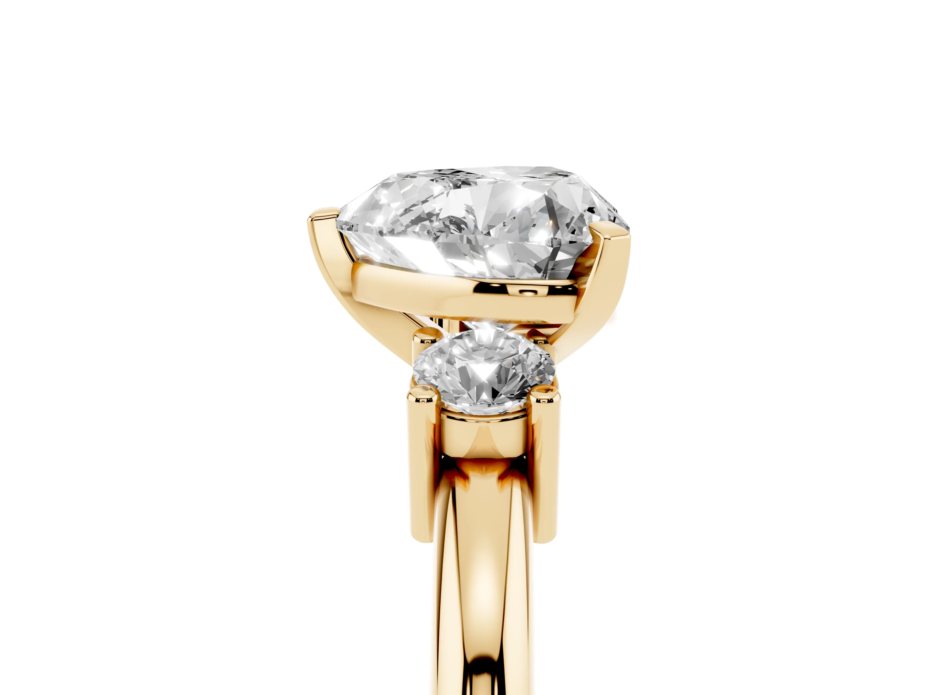Three-Stone Heart Cut Diamond Ring Set in Yellow gold with Prong Setting and Plain Band