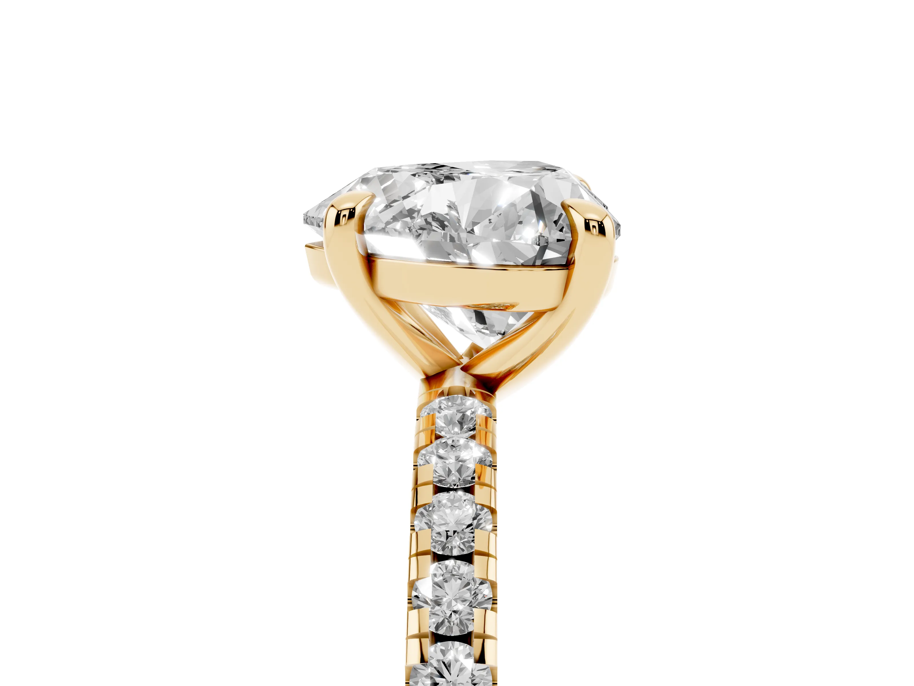 Heart Cut Diamond Brilliant Solitaire Ring Set in Yellow gold with Pavé Band and Prong Setting