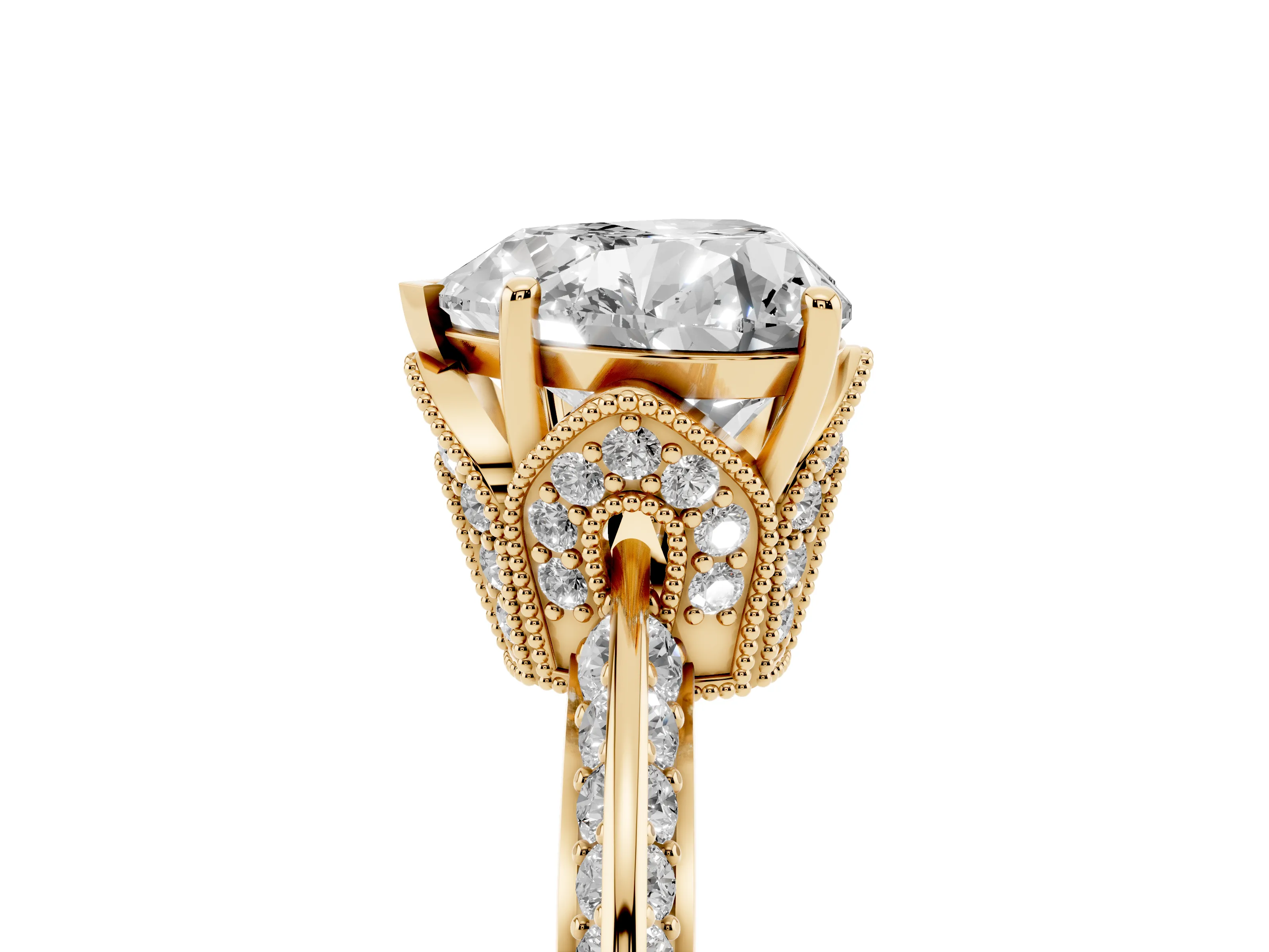 Heart Cut Diamond Solitaire Engagement Ring Set in Yellow gold with Pavé Split Shank and Prong Setting