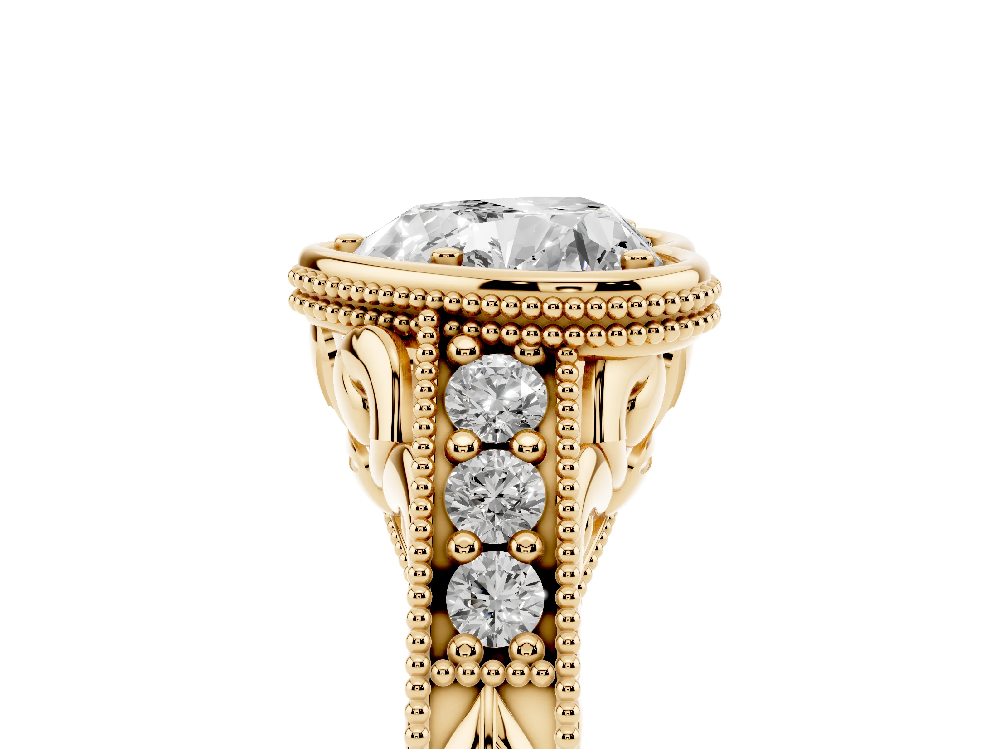 Bezel Set Heart Cut Diamond Milgrain Pavé Engagement Ring Set in Yellow gold