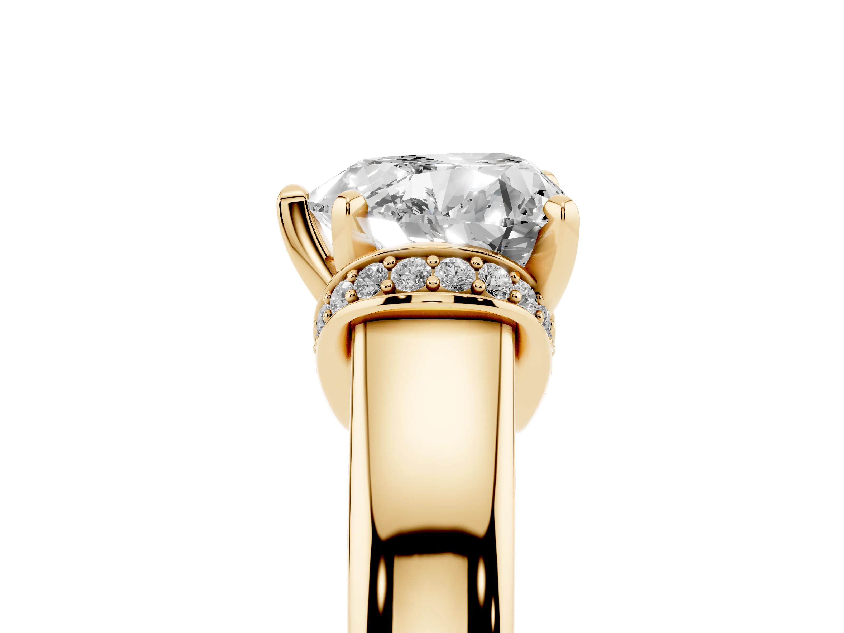 Heart Cut Diamond Pavé Band Solitaire Ring Set in Yellow gold with Prong Setting