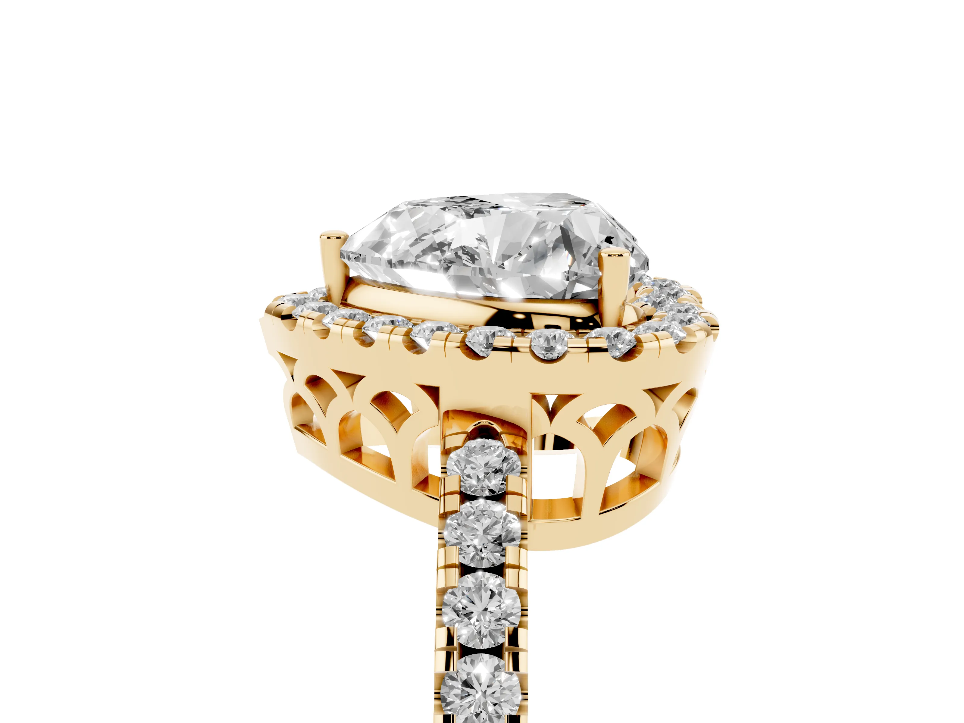 Heart Cut Diamond Pavé Band Halo Engagement Ring Set in Yellow gold with Prong Setting