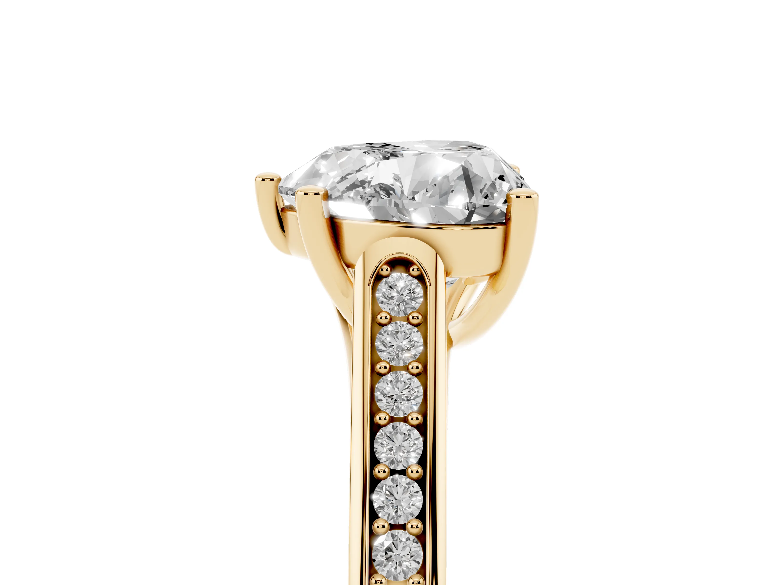 Heart Cut Diamond Solitaire Cathedral Engagement Ring Set in Yellow gold with Channel-Set Band and Prong Setting