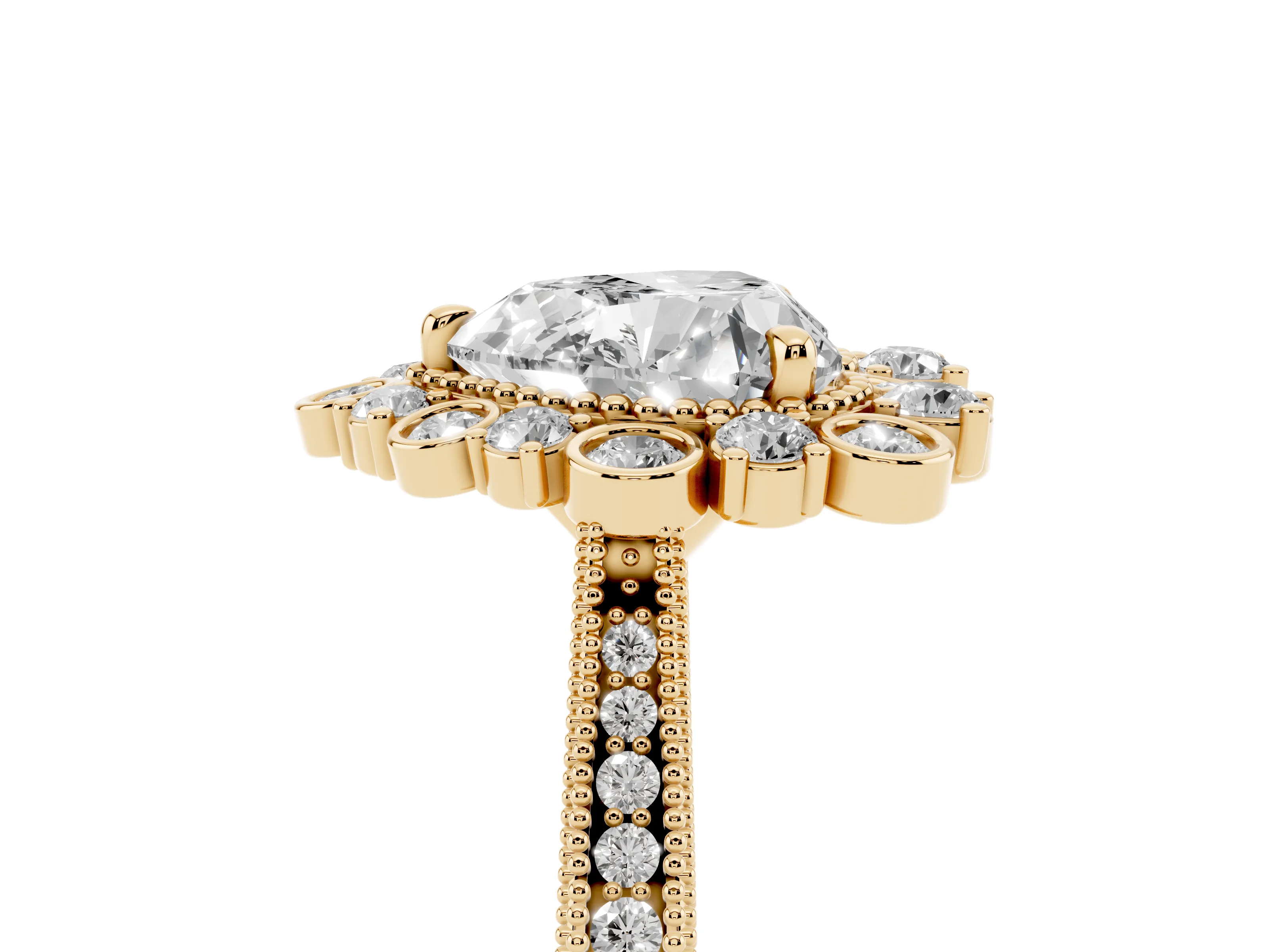 Heart Cut Diamond Halo Milgrain Pavé Ring Set in Yellow gold with Prong Setting