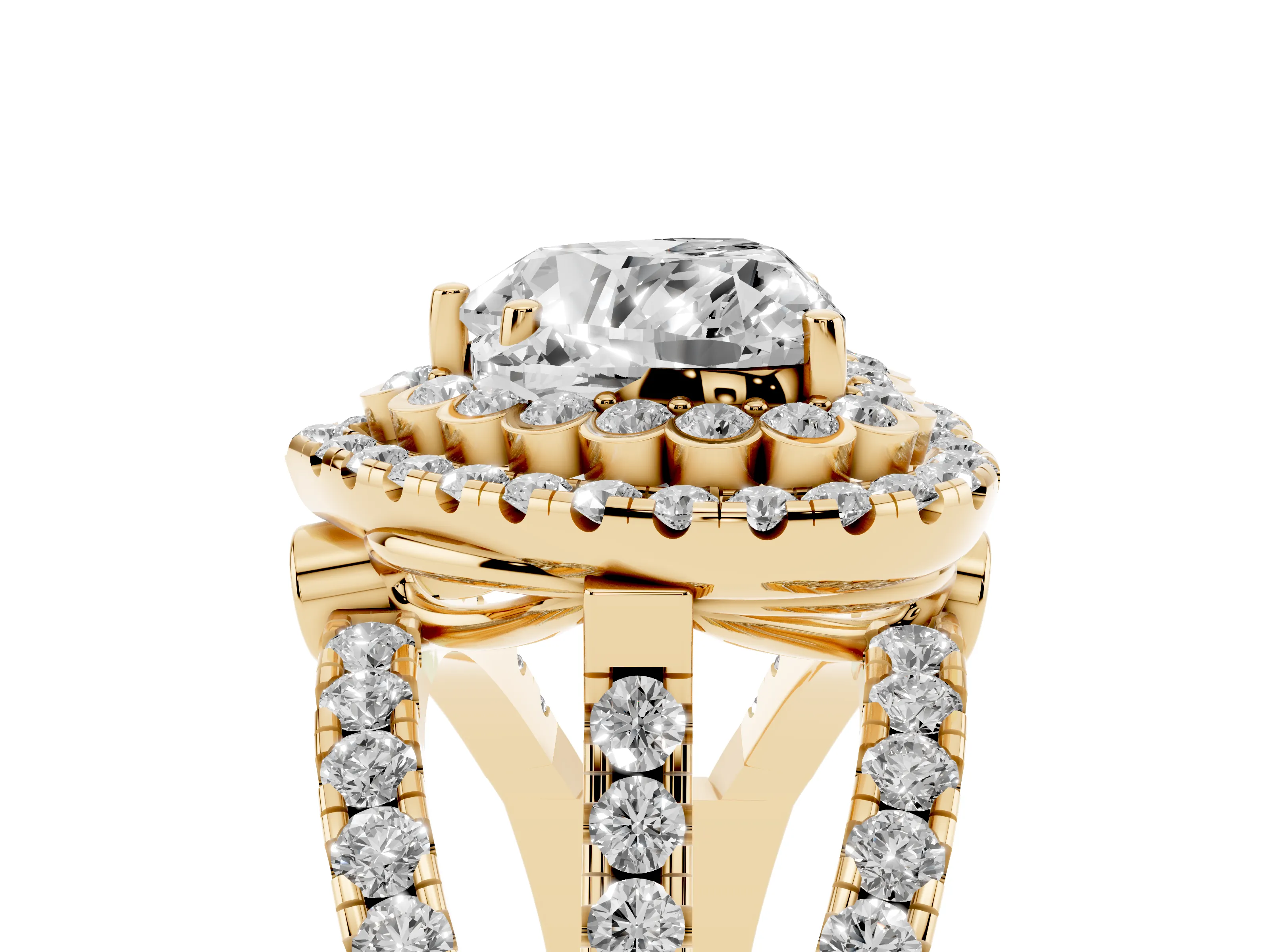 Heart Cut Diamond Double Halo Ring Set in Yellow gold with Round Pavé Split Shank