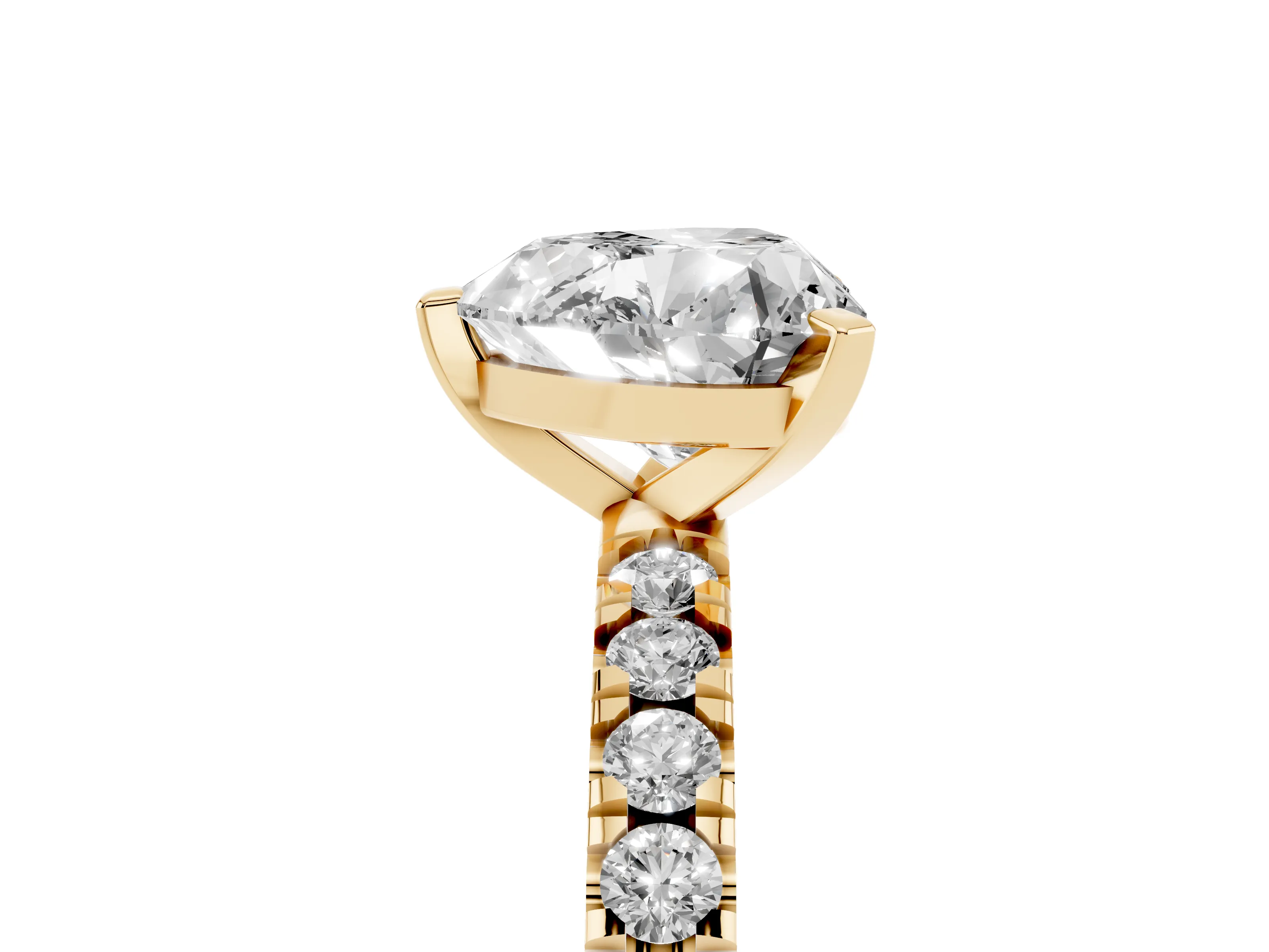 Heart Cut Diamond Pavé Band Solitaire Set in Yellow gold with Prong Setting
