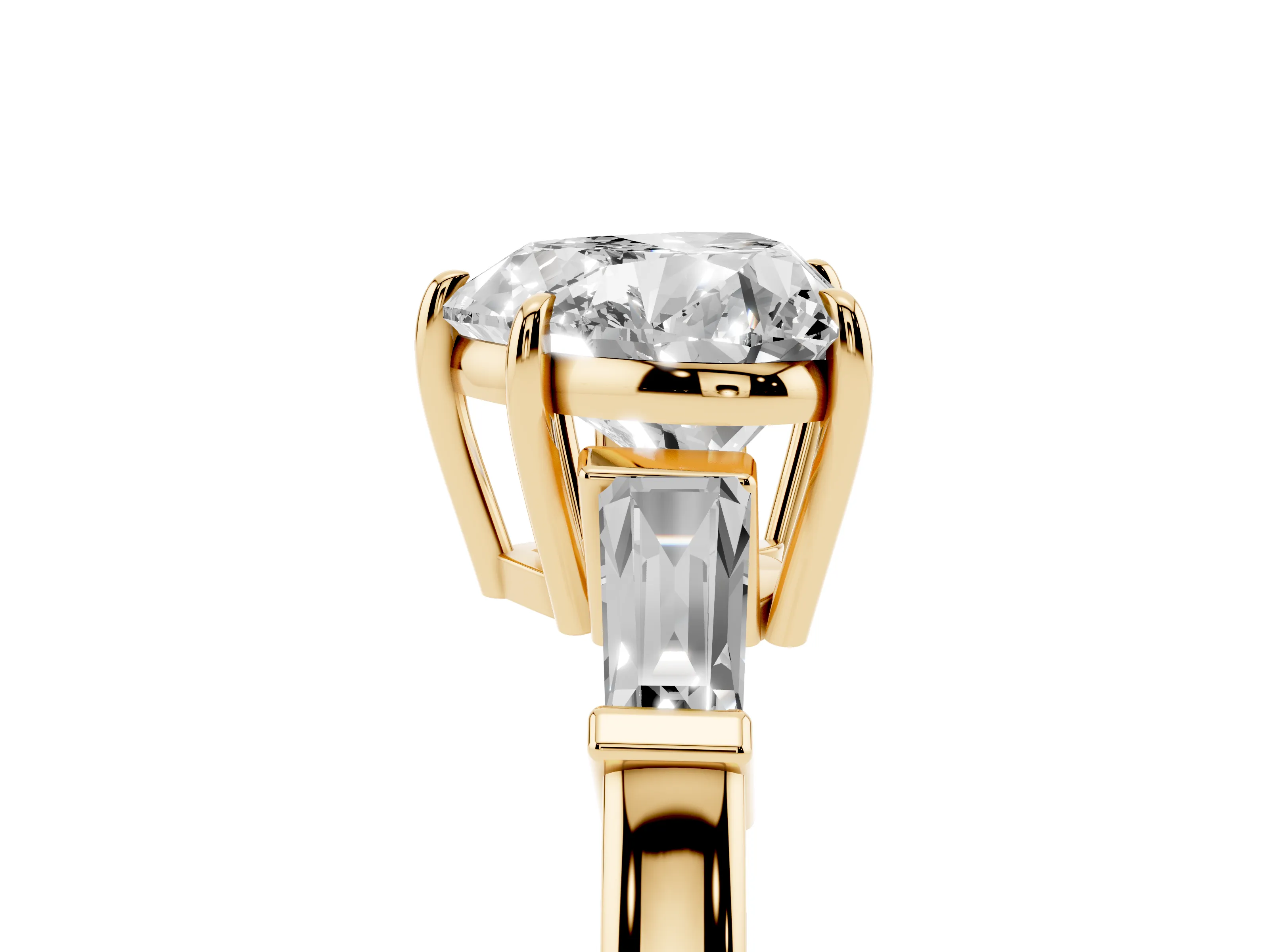 Heart Cut Diamond Three-Stone Ring Set in Yellow gold with Tapered Baguette Side Stones and Prong Setting