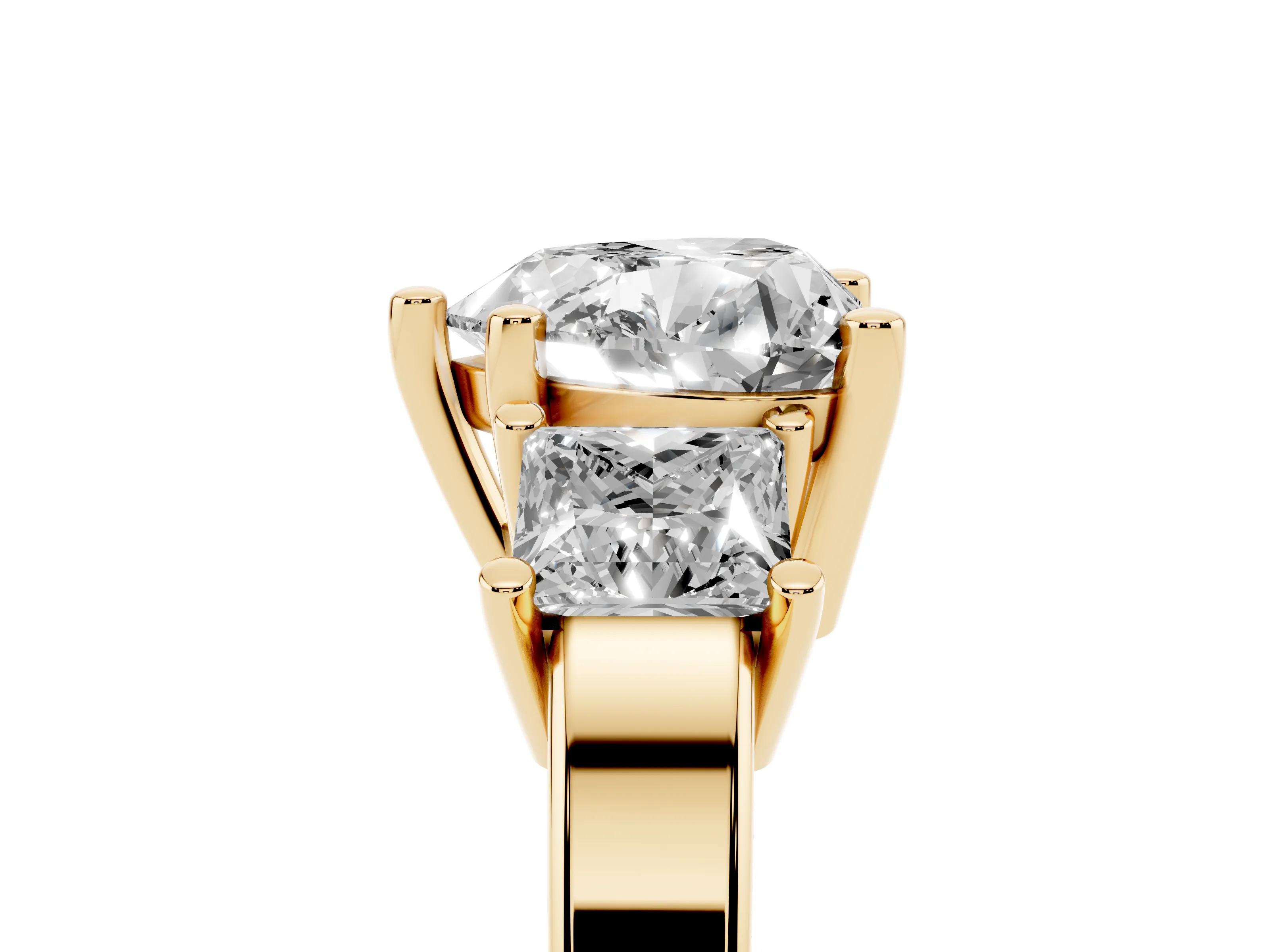 Three-Stone Heart Cut Diamond Solitaire Ring Set in Yellow gold with Prong Setting
