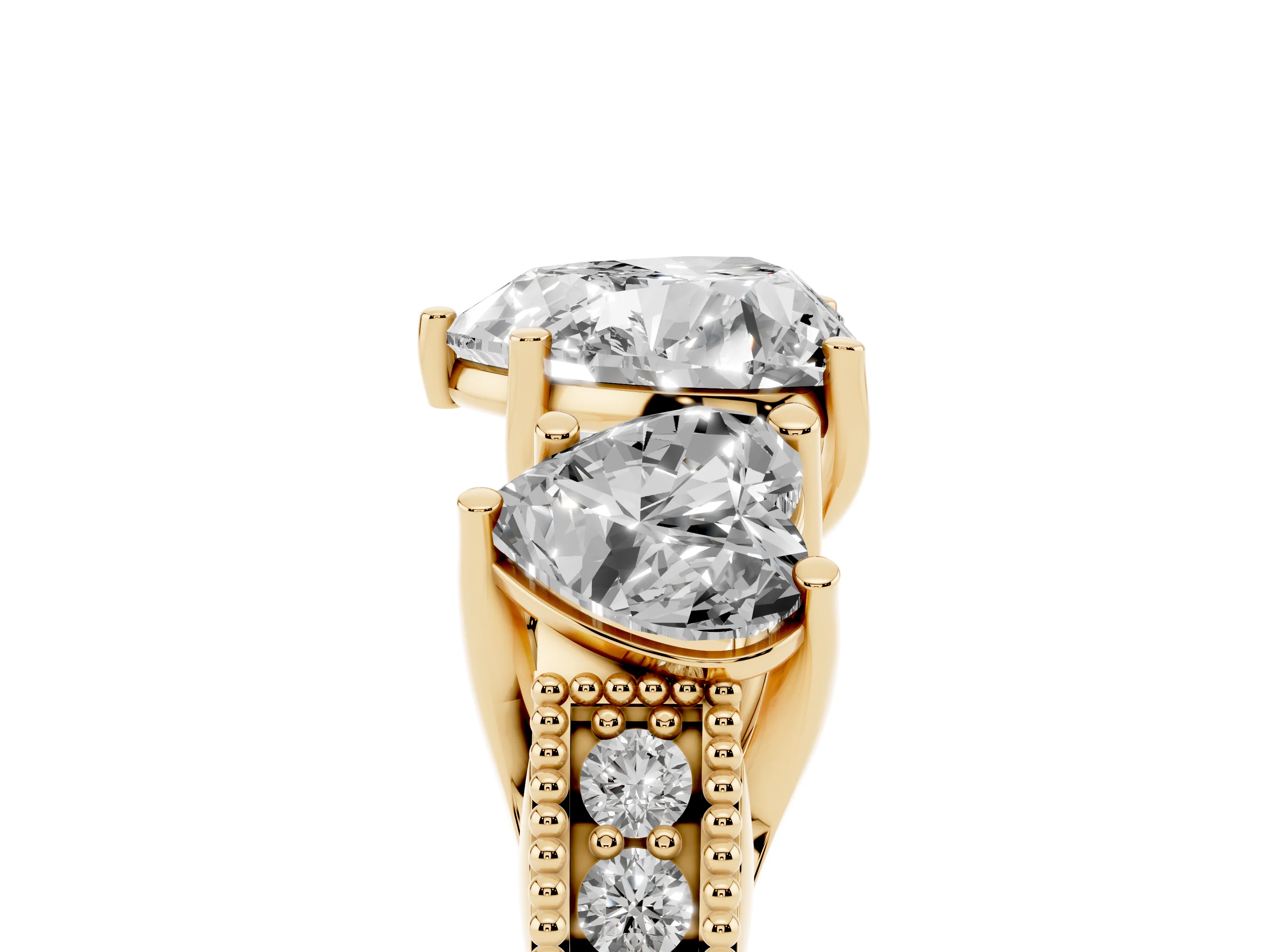 Heart Cut Diamond Three-Stone Engagement Ring Set in Yellow gold with Milgrain Pavé Band