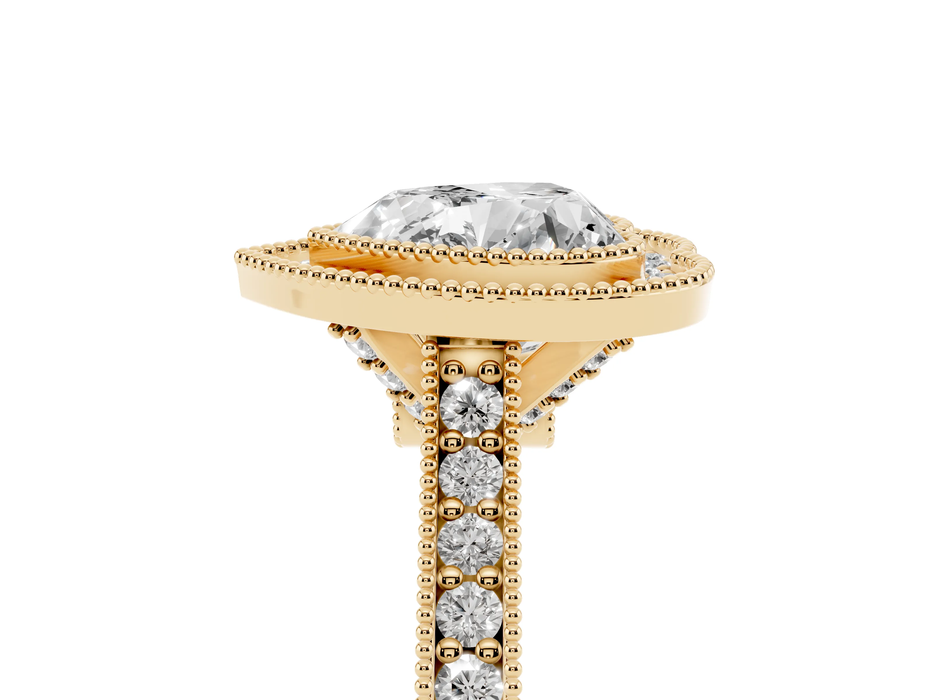 Heart Cut Diamond Halo Milgrain Pavé Band Ring Set in Yellow gold with Prong Setting