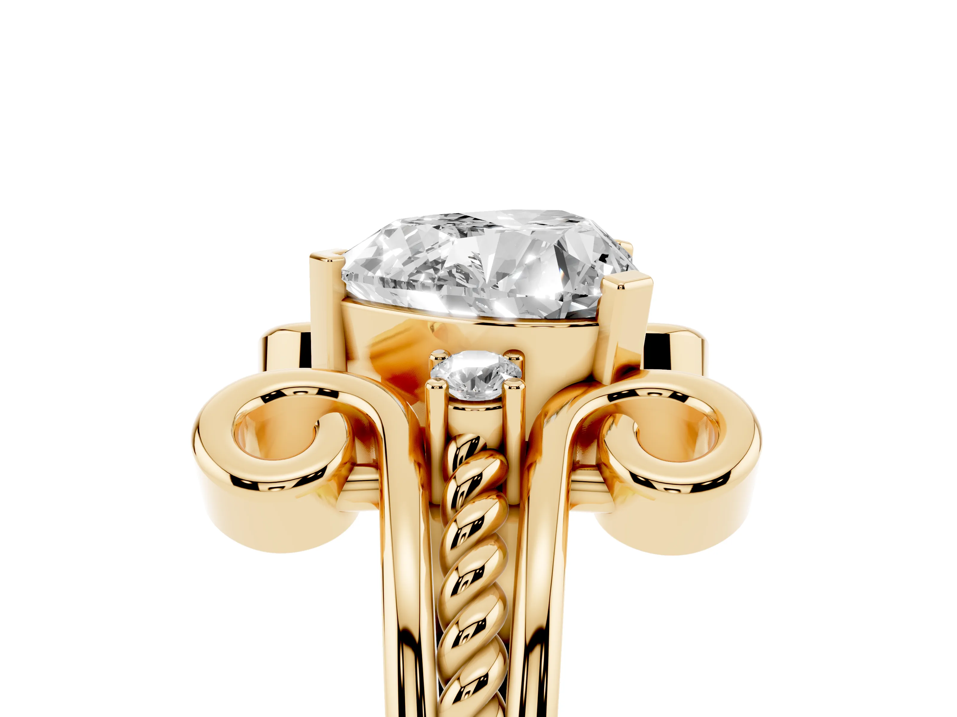 Heart Cut Diamond Twisted Band Solitaire Ring Set in Yellow gold with Scroll Prongs