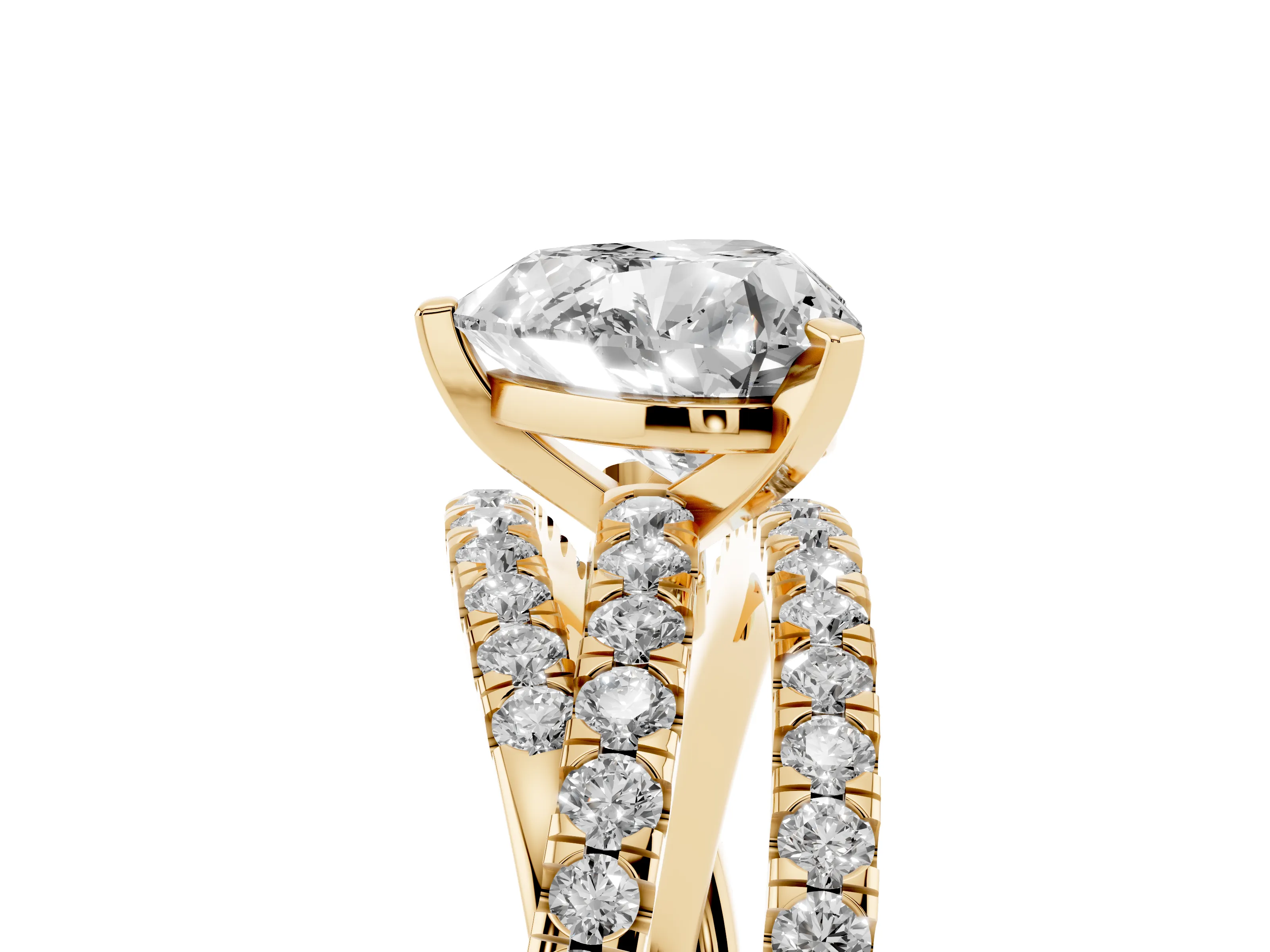 Heart Cut Diamond Solitaire Twist Band Ring Set in Yellow gold with Pavé Setting and Prong Head