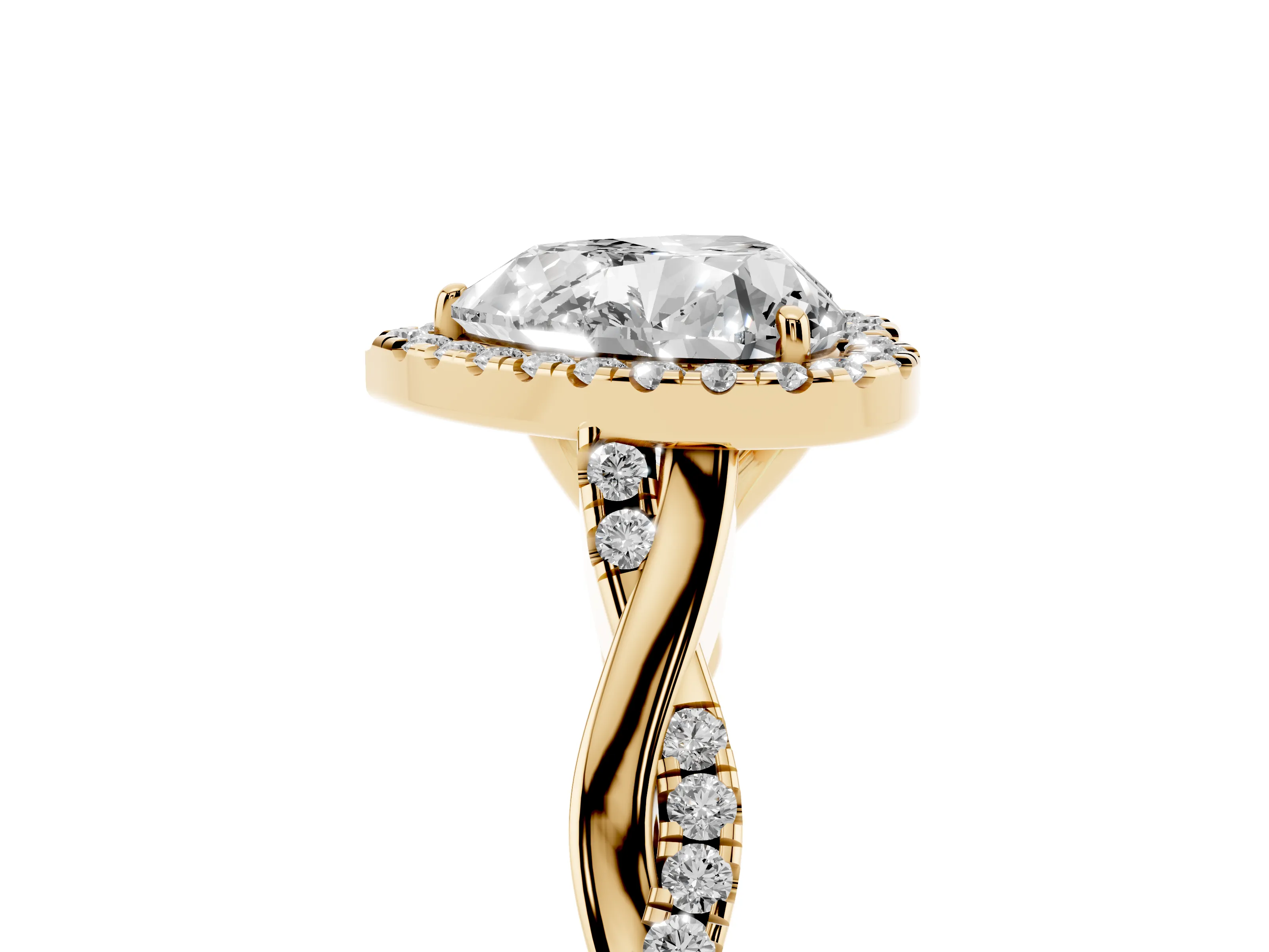 Heart Cut Diamond Halo Twist Band Solitaire Ring Set in Yellow gold with Prong Setting