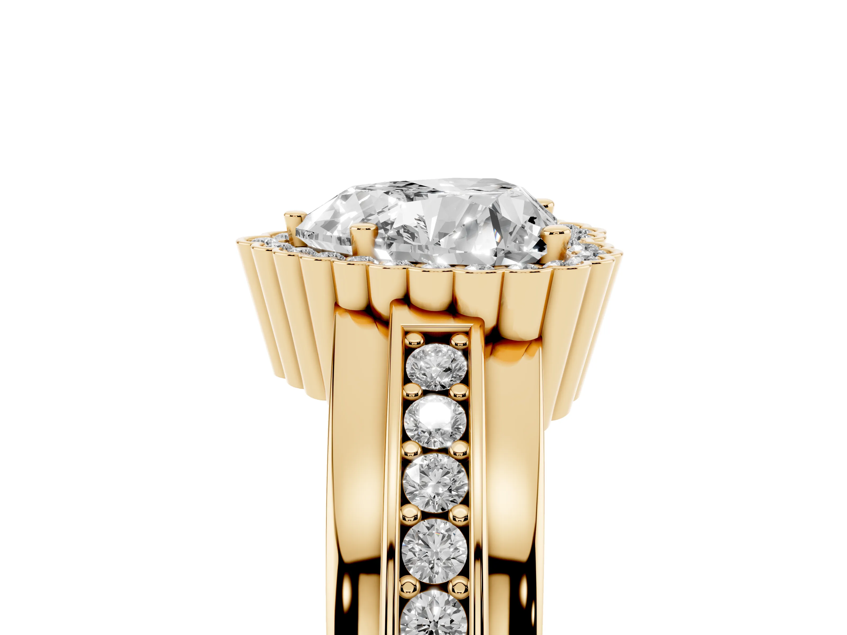Heart Cut Diamond Halo Prong Ring Set in Yellow gold with Pavé Band